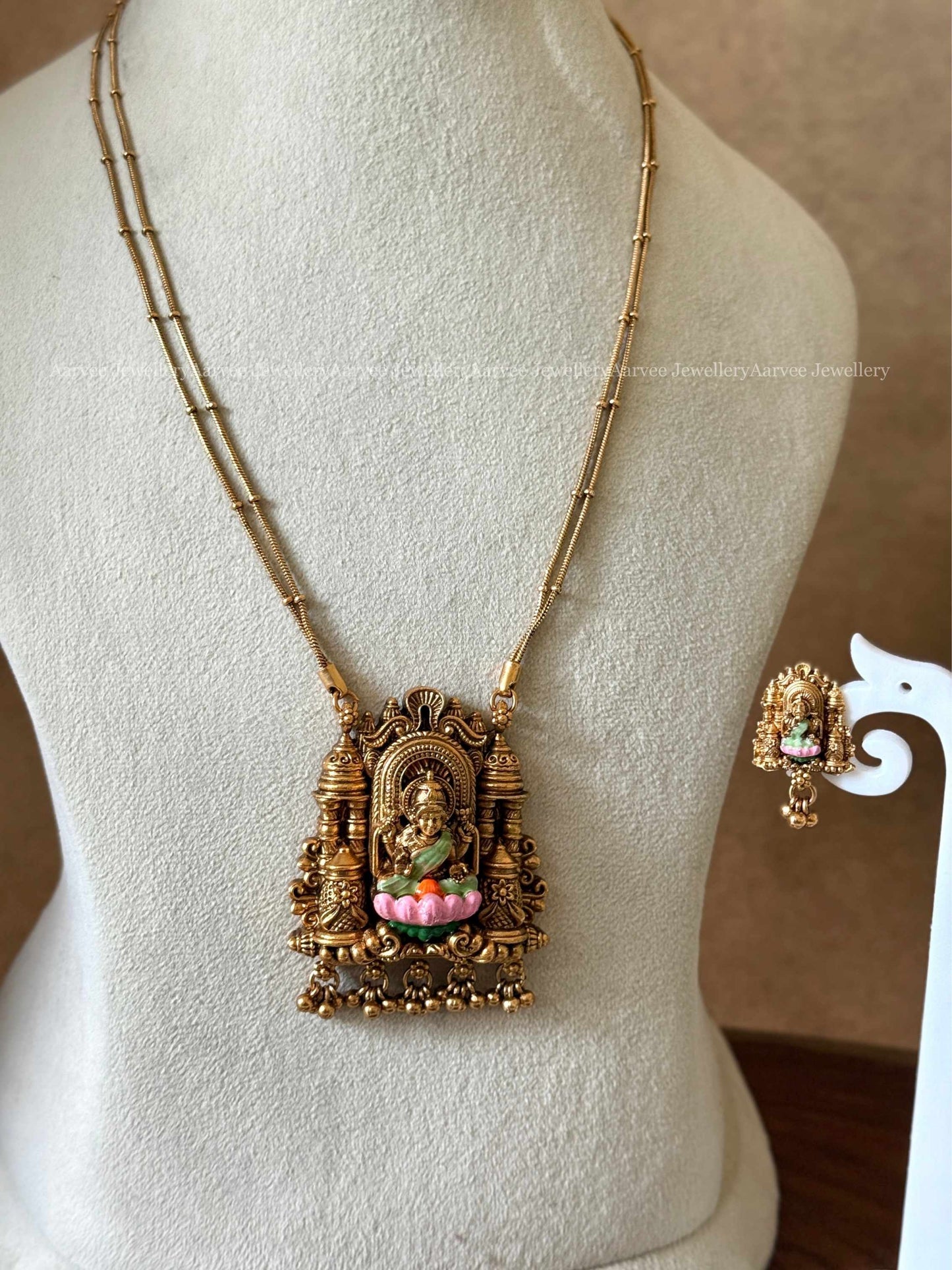 2 LINE GOLD CHAIN WITH SARASWATI PENDANT SET