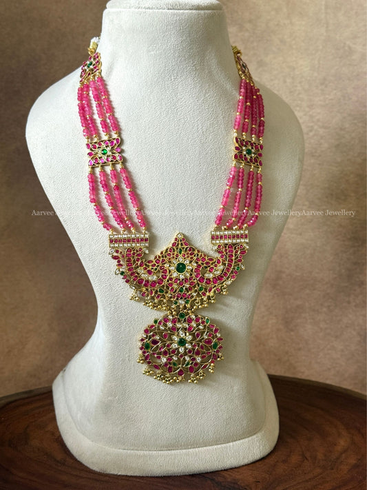 JADAU KUNDAN PINK BEADED HARAM WITH PEACOCK PENDANT