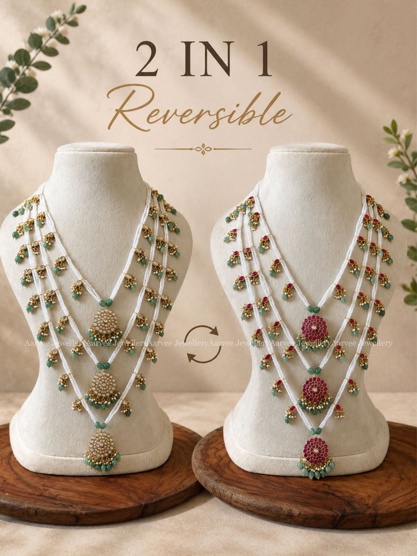 JADAU KUNDAN 2 IN 1 REVERSIBLE MULTI LAYER PEARL HARAM WITH PASTEL BEADS