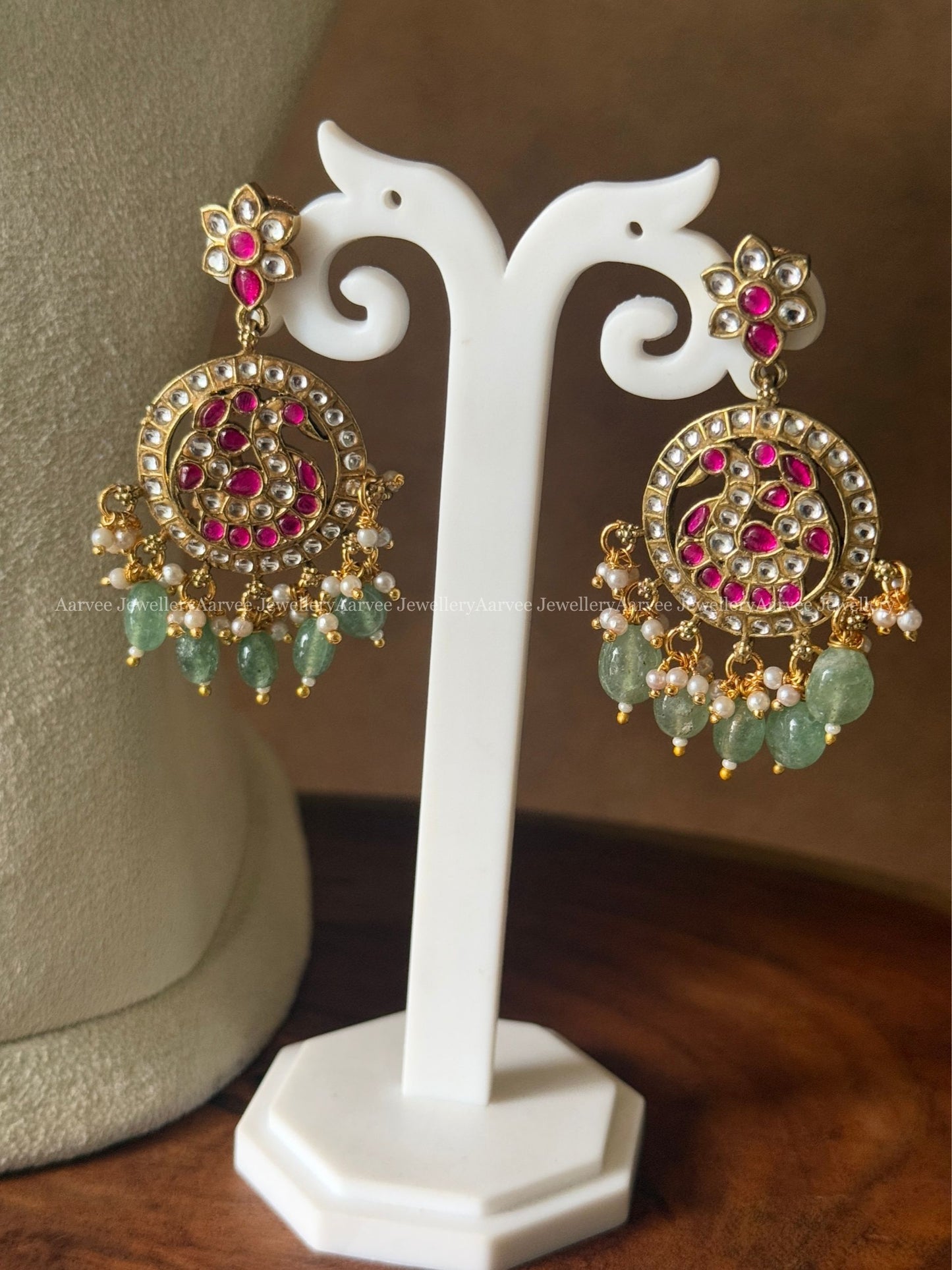 JADAU KUNDAN PINK STONE FLORAL & PEACOCK MOTIF NECKLACE SET WITH PASTEL BEADS