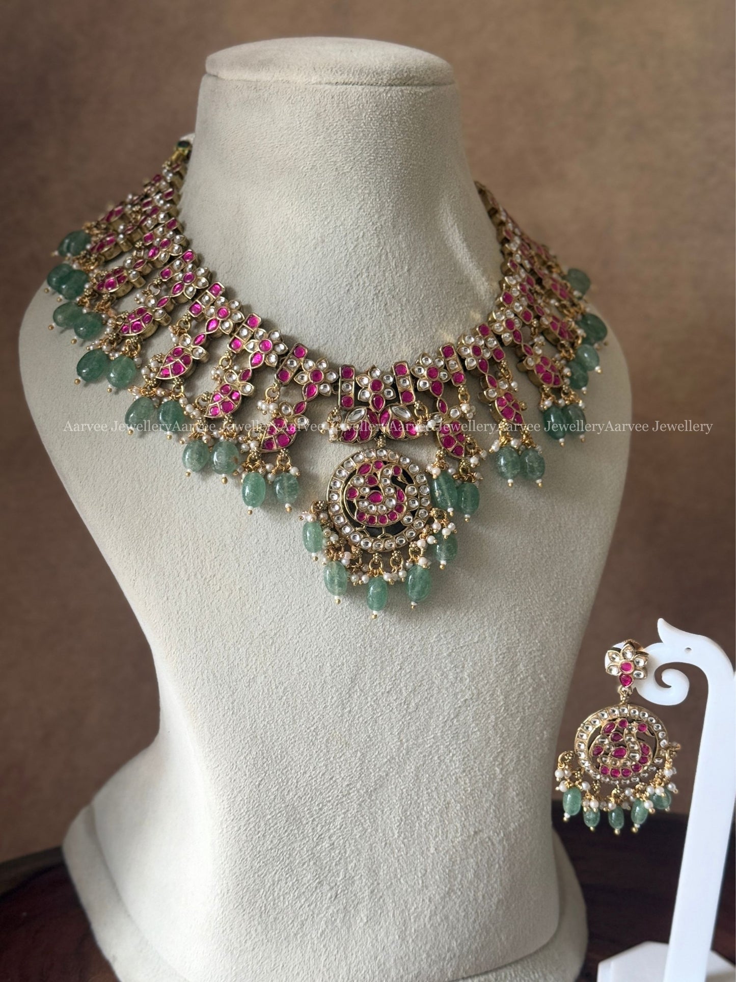 JADAU KUNDAN PINK STONE FLORAL & PEACOCK MOTIF NECKLACE SET WITH PASTEL BEADS