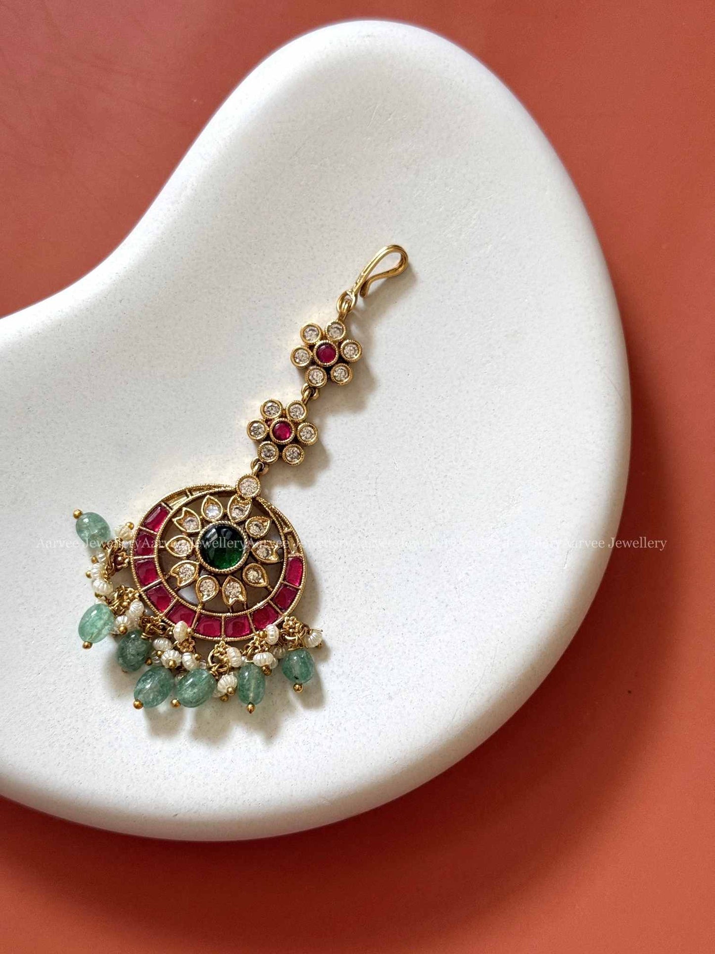 KEMP FLORAL TIKKA WITH RUBY / WHITE STONES AND PASTEL BEADS