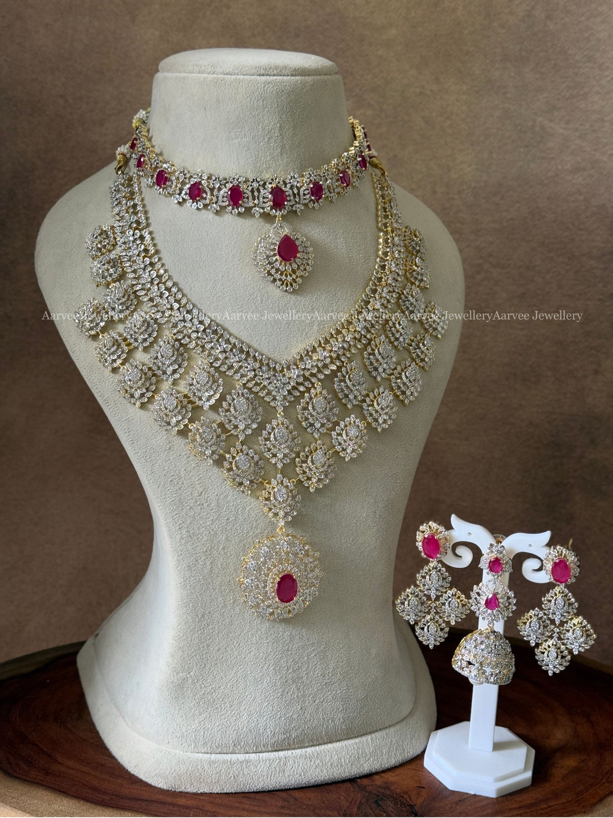 WHITE / RUBY AD STONES BRIDAL JEWELLERY SET