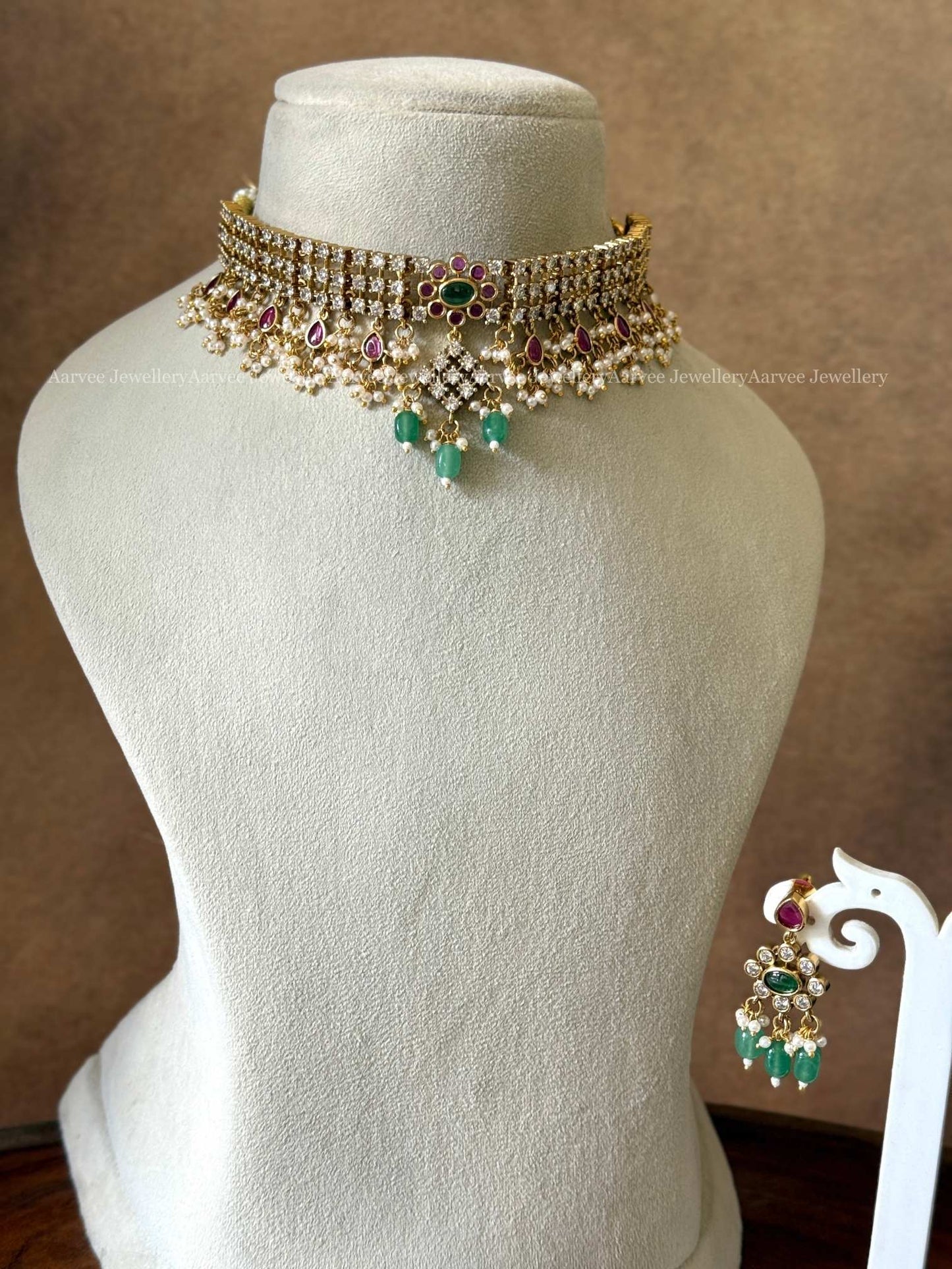 CZ WHITE/PINK STONES MINI CHOKER SET WITH GREEN BEADS