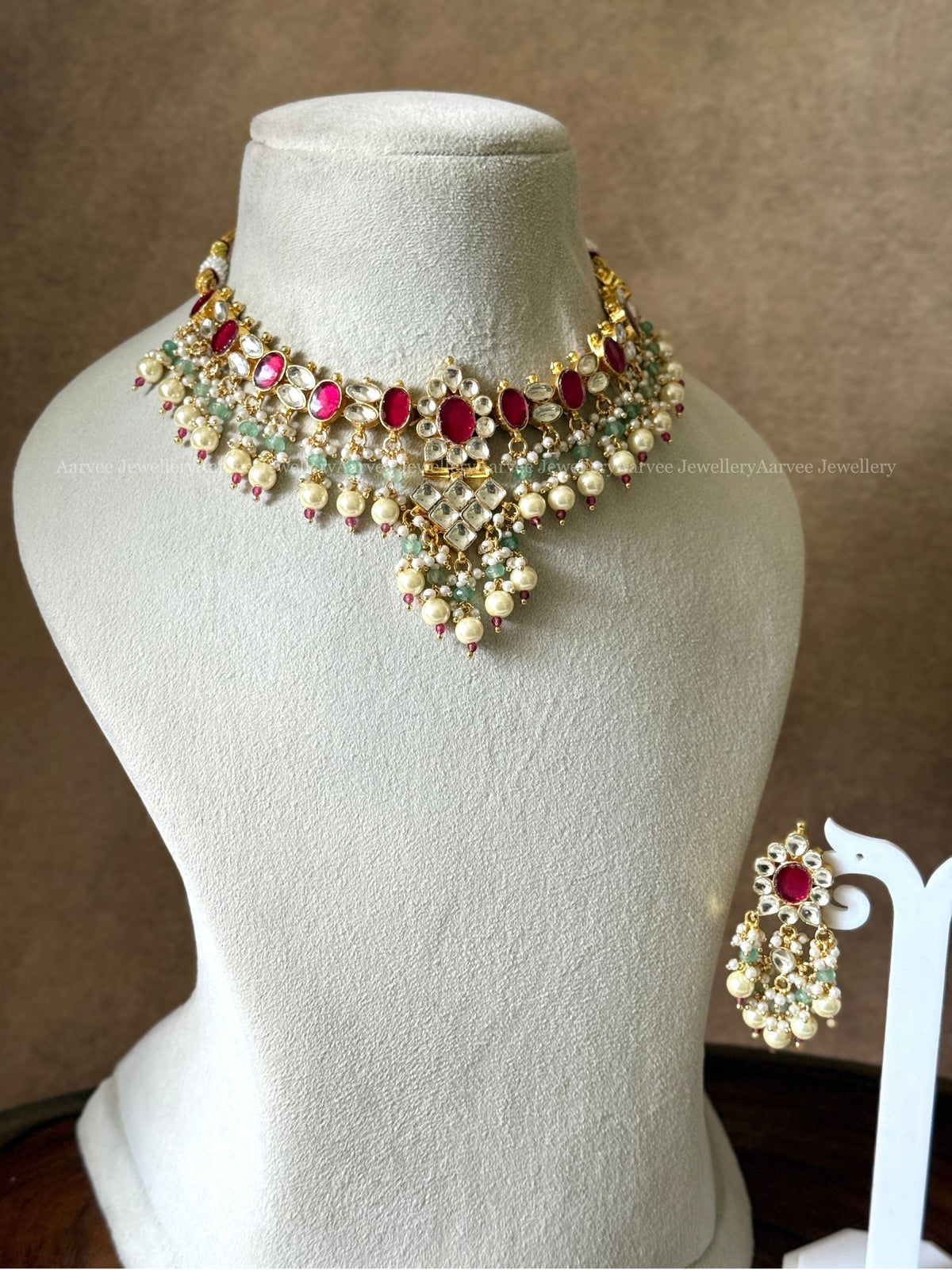 POLKI KUNDAN RUBY STONE NECKLACE SET WITH PEARL & TINY PASTEL BEADS