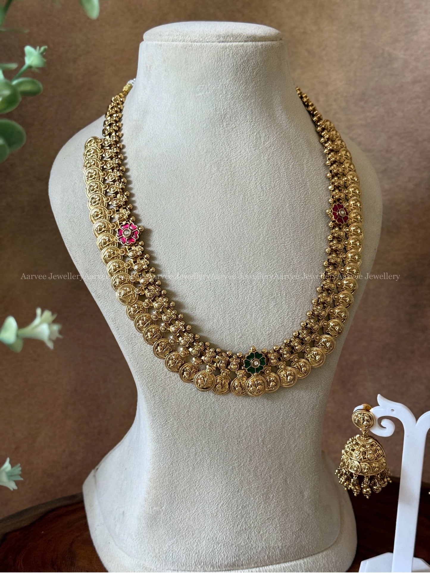 ANTIQUE GOLD PEACOCK MOTIF COIN MID LENGTH HARAM SET WITH KEMP FLORAL PENDANT