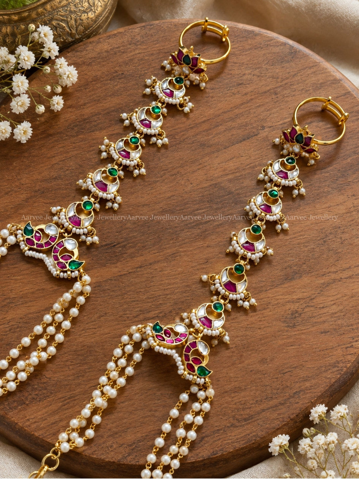 POLKI KUNDAN MULTI COLOUR LOTUS MOTIF HATHPHOOL WITH FINGER RING