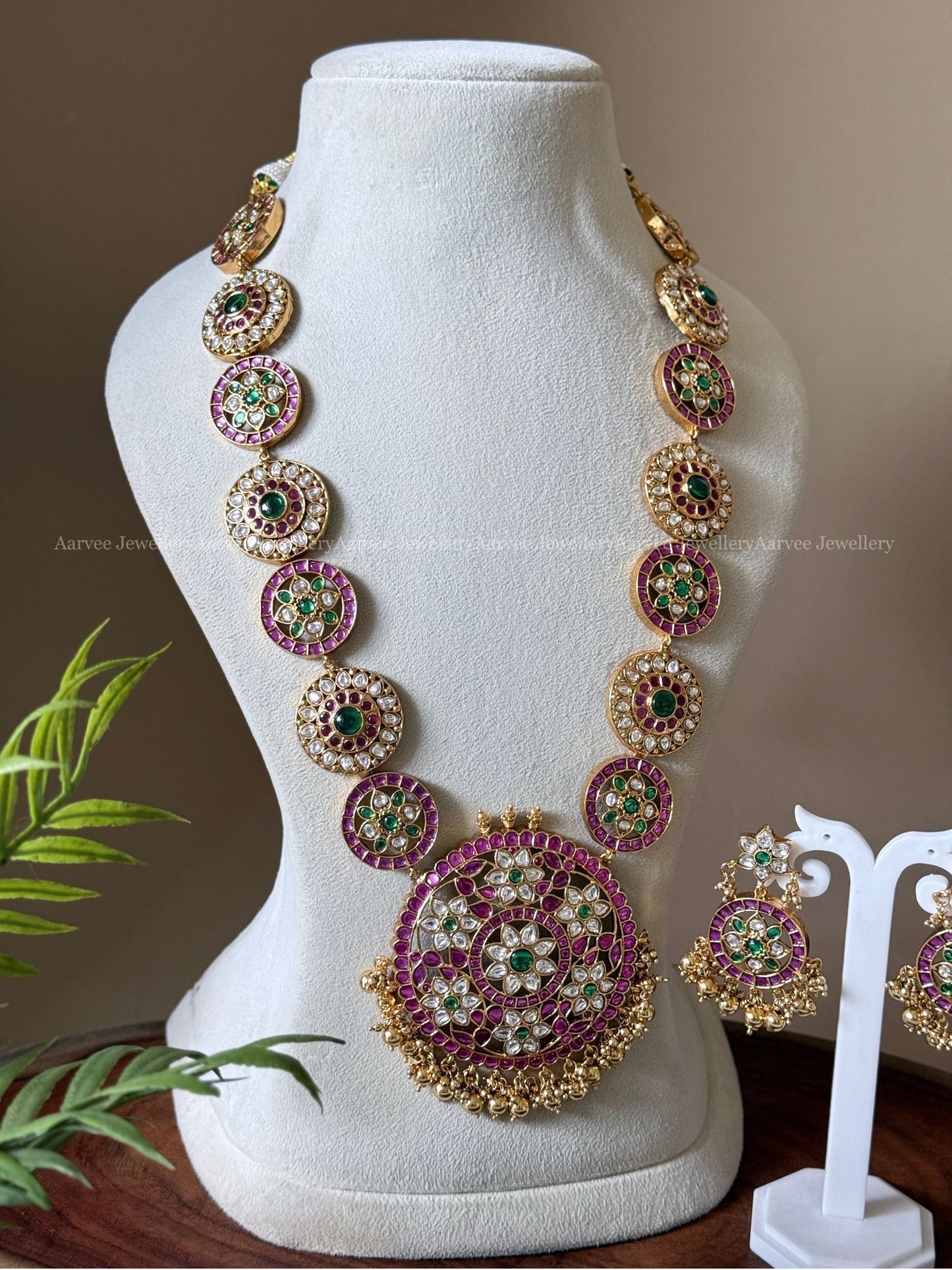 PREMIUM PINK KUNDAN MULTI COLOR BOTTU & FLORAL HARAM SET WITH GOLD BEADS
