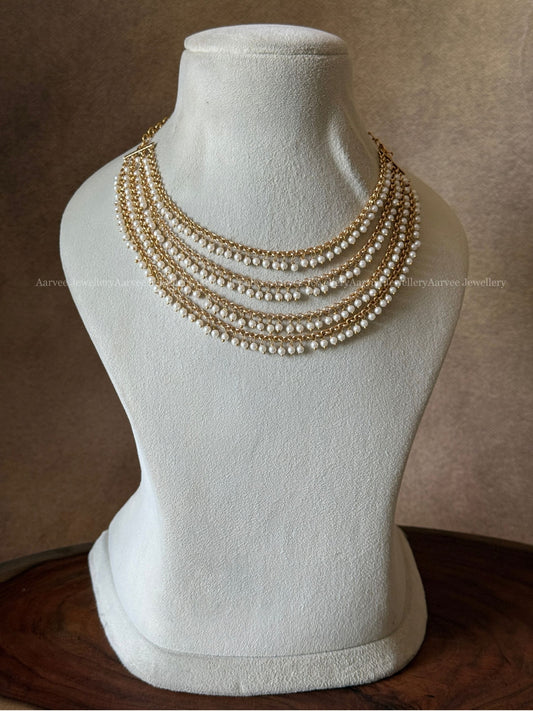 GOLD CHAIN FOUR LAYER PEARL BEADED NECKLACE