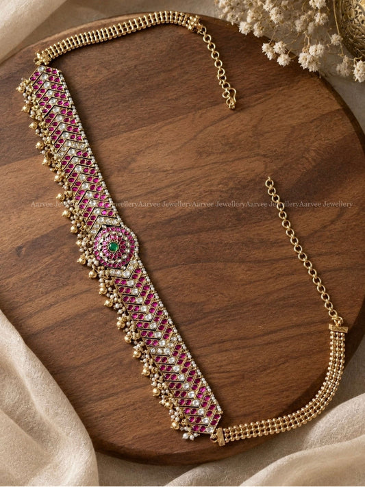 PREMIUM PINK KUNDAN STONES WAIST CHAIN WITH GOLD & PEARL BEADS