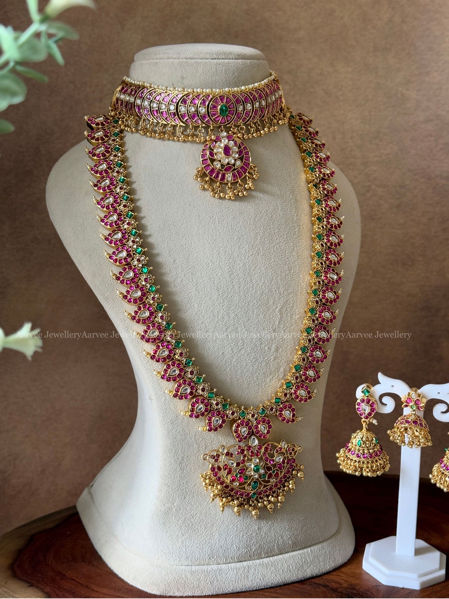 PREMIUM PINK KUNDAN CHOKER WITH MANGO HARAM SET WITH GOLD BEADS