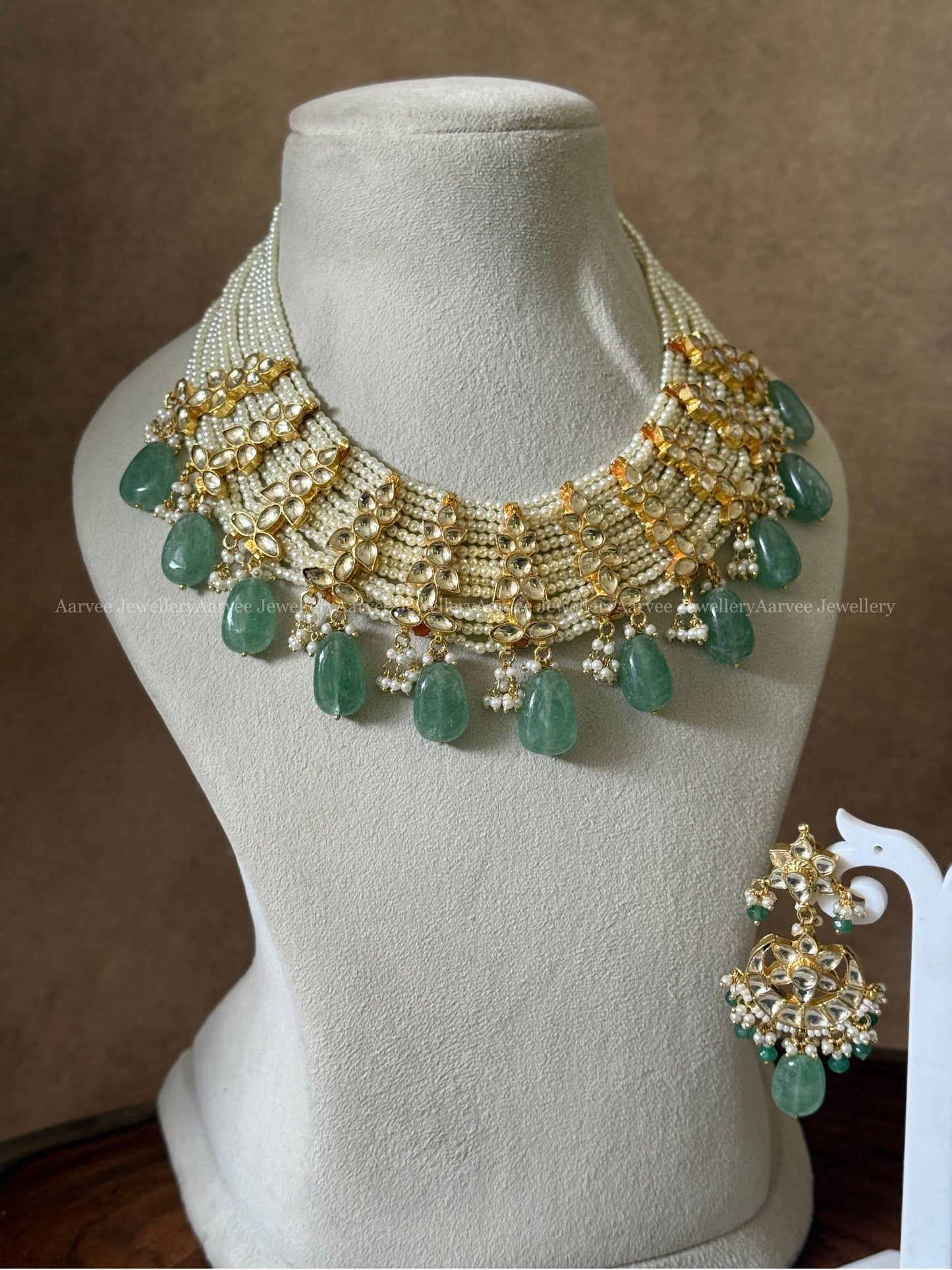 POLKI KUNDAN PEARL BUNCH STATEMENT NECKLACE SET WITH PASTEL BEAD DROPS