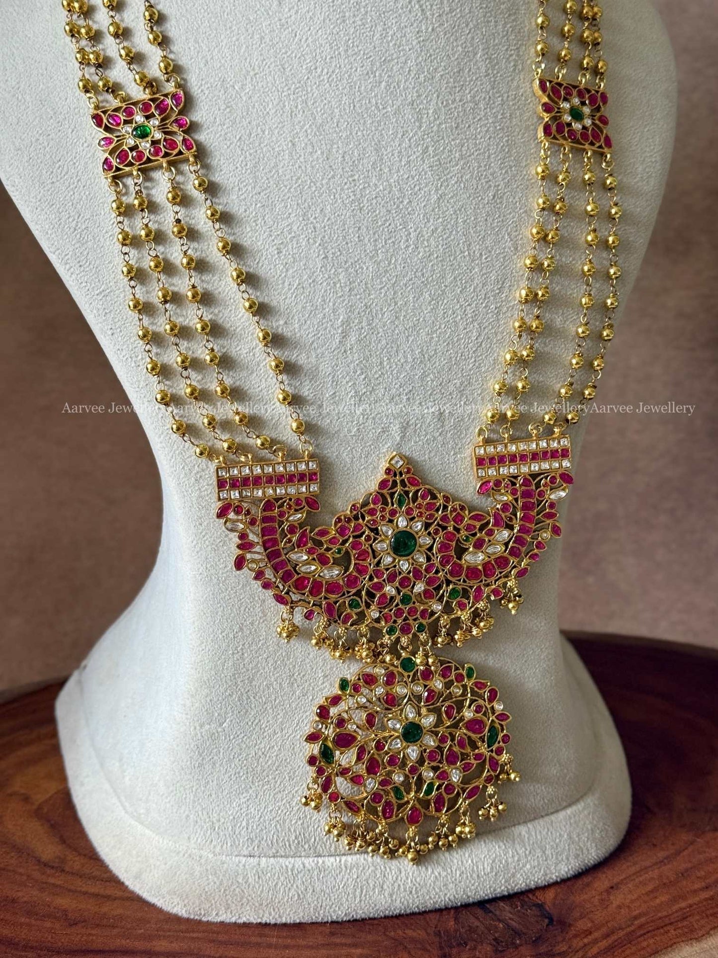 ANTIQUE GOLD BEADED LAYERED HARAM WITH RUBY STONE JADAU KUNDAN PENDANT