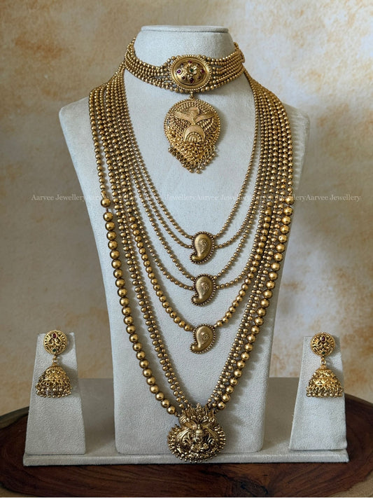 GOLD FINISH SEMI BRIDAL CHOKER AND GOLD MULTI LAYER BEADED HARAM SET | Rashmika Inspired