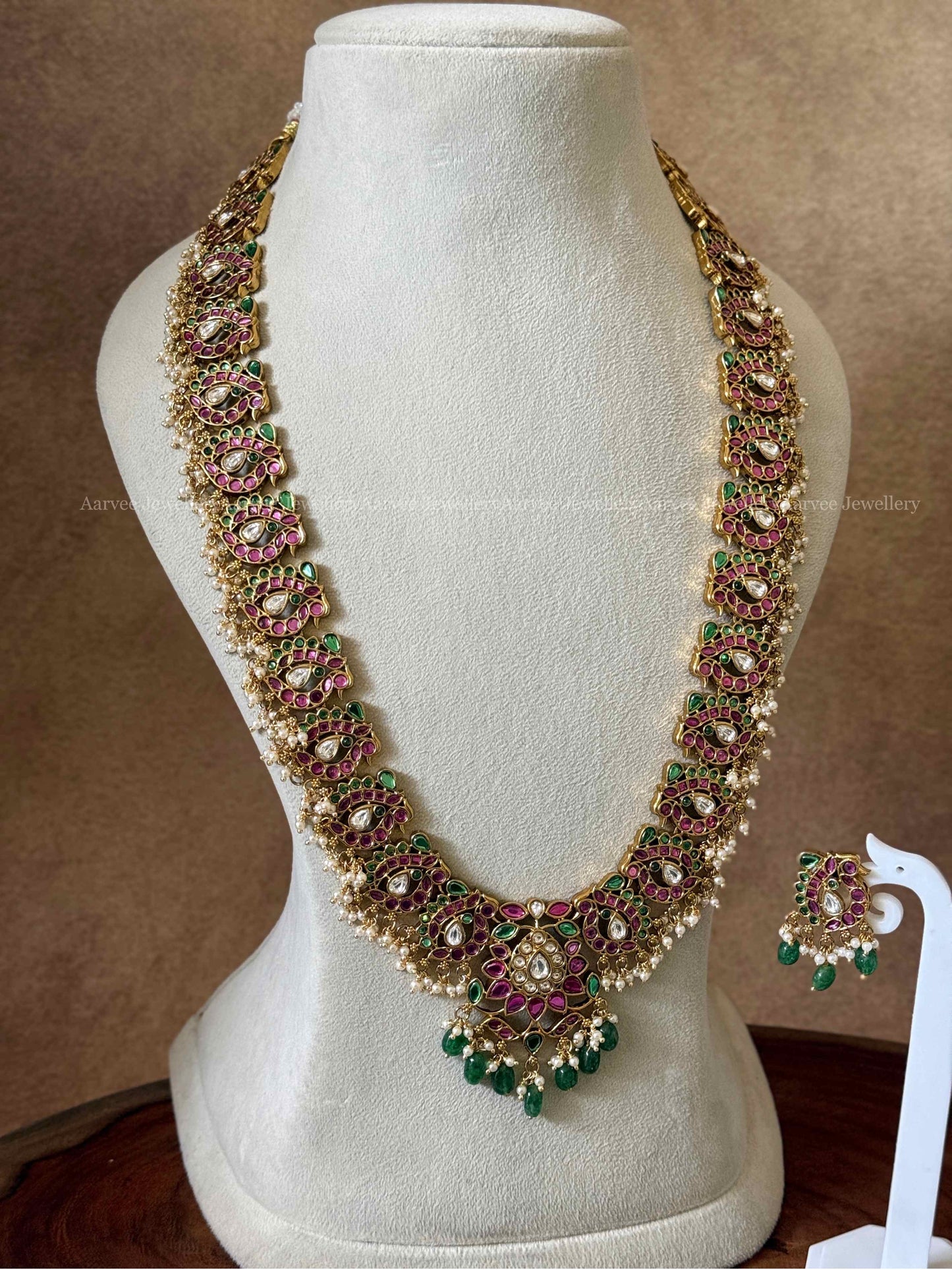 HIGH QUALITY MULTI COLOR KEMP STONE PEACOCK & FLORAL MOTIF HARAM SET WITH PASTEL BEADS