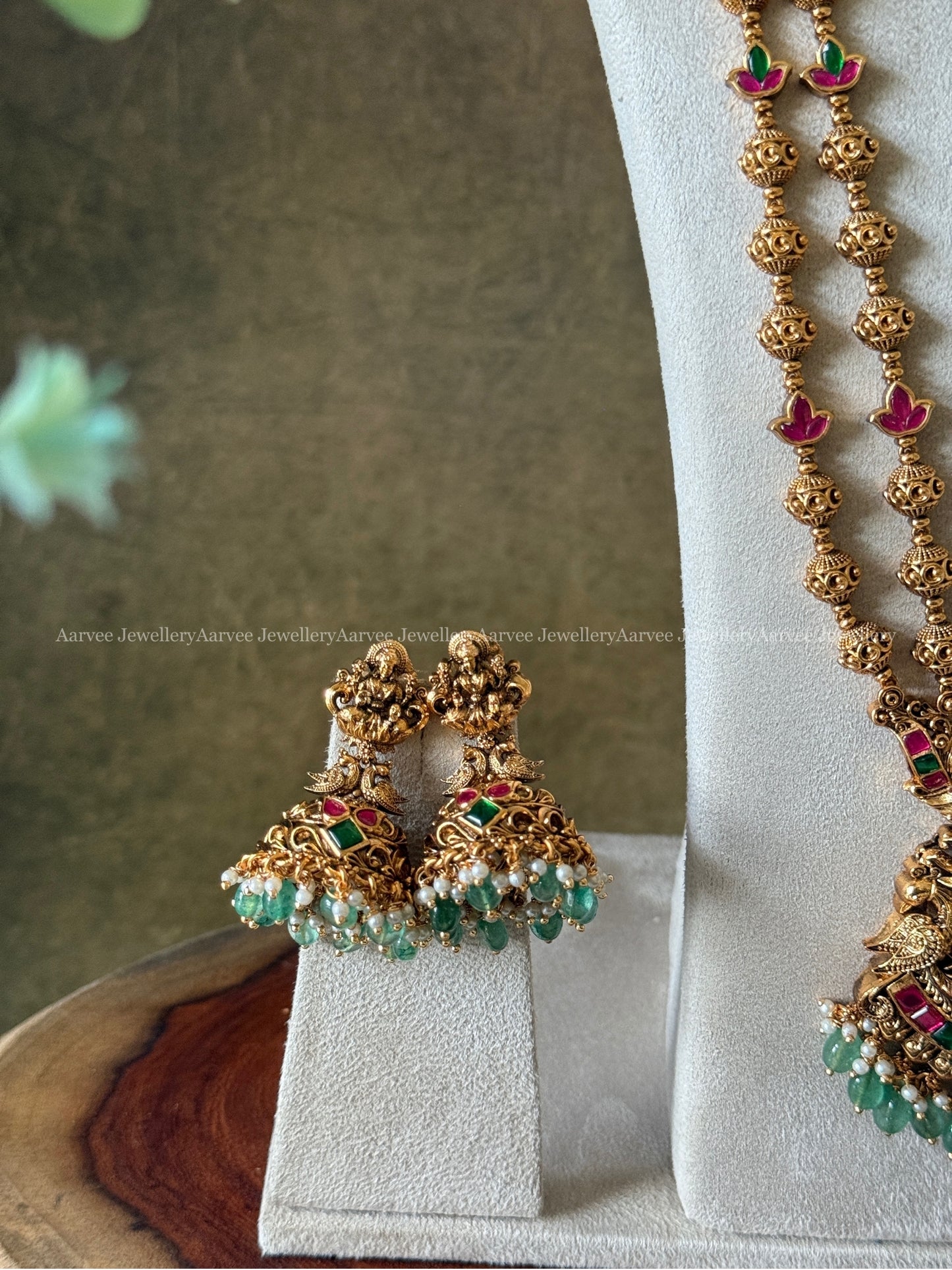 TEMPLE BRIDAL JEWELLERY FULL GOLD LAKSHMI NECKLACE AND GOLD BALL BEADED HARAM SET WITH PASTEL BEADS