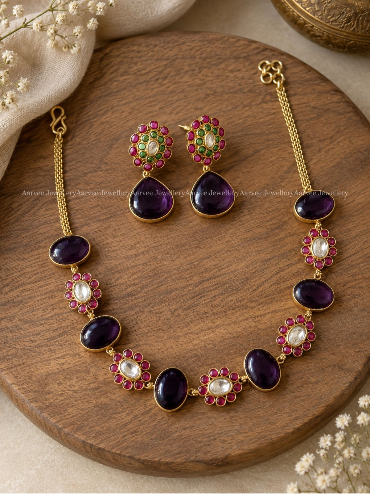 PREMIUM PURPLE STONE FLORAL NECKLACE SET