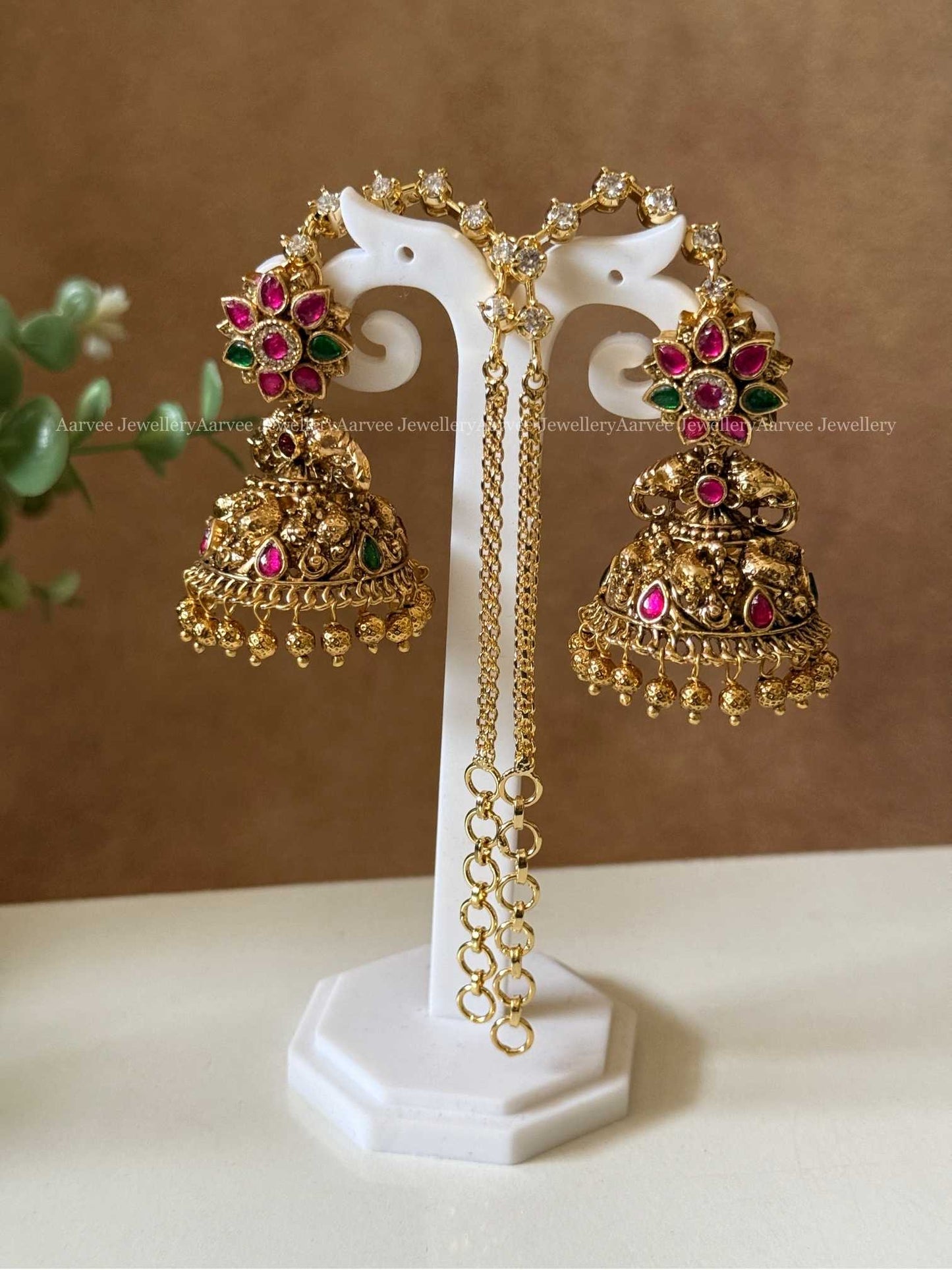 PREMIUM KUNDAN STONES JHUMKI WITH EAR CHAIN IN GOLD BEADS