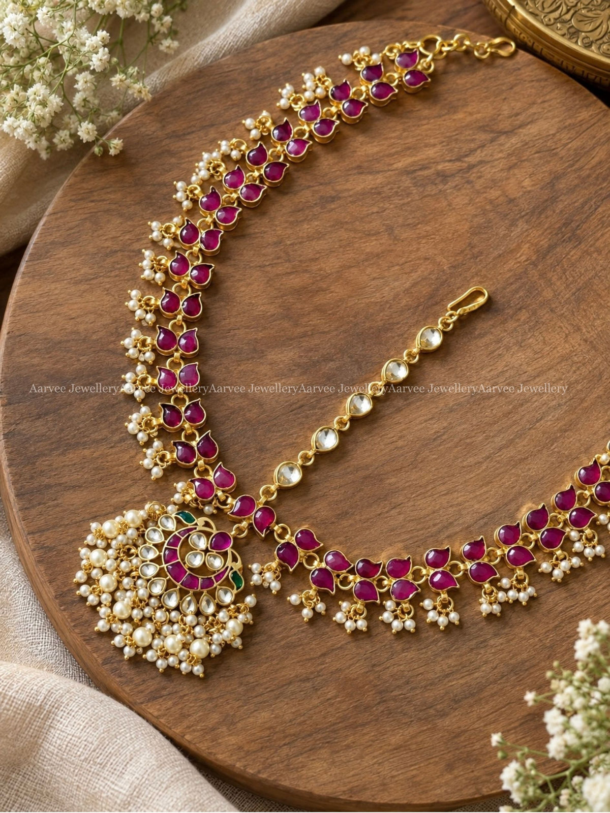 POLKI KUNDAN RUBY STONE MATHAPATHI WITH PEARLS