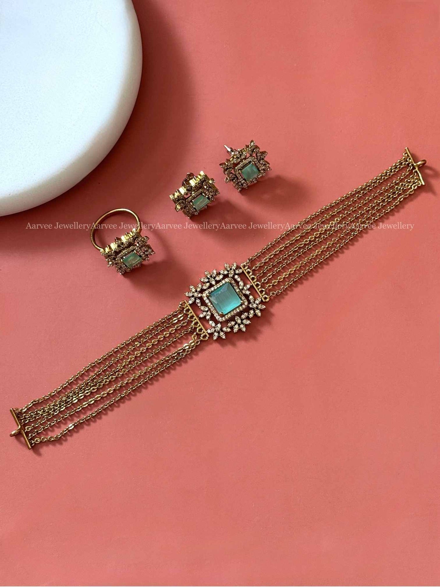 PASTEL BLUE CZ STONE GOLD CHAIN CHOKER SET