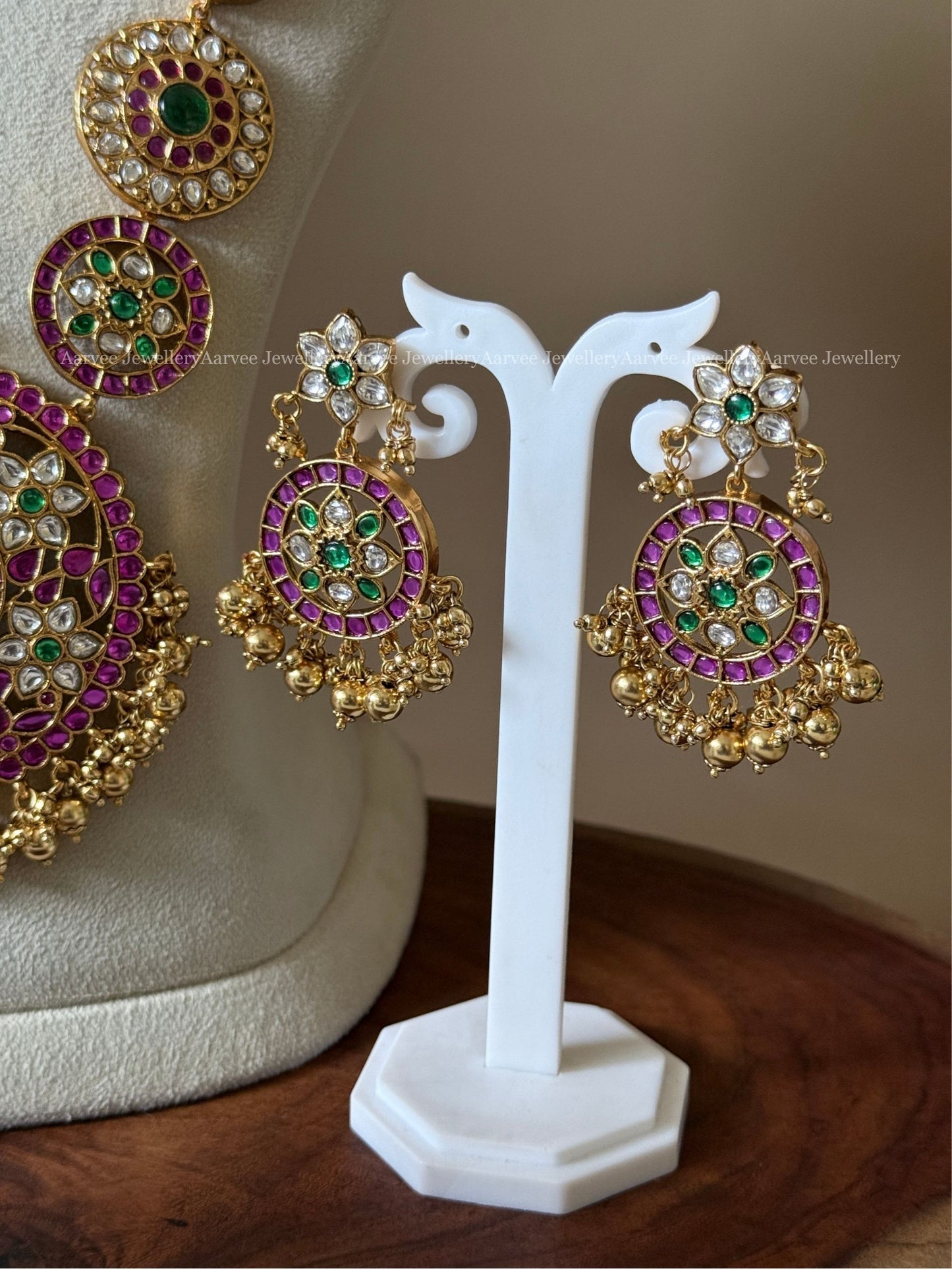 PREMIUM PINK KUNDAN MULTI COLOR BOTTU & FLORAL HARAM SET WITH GOLD BEADS