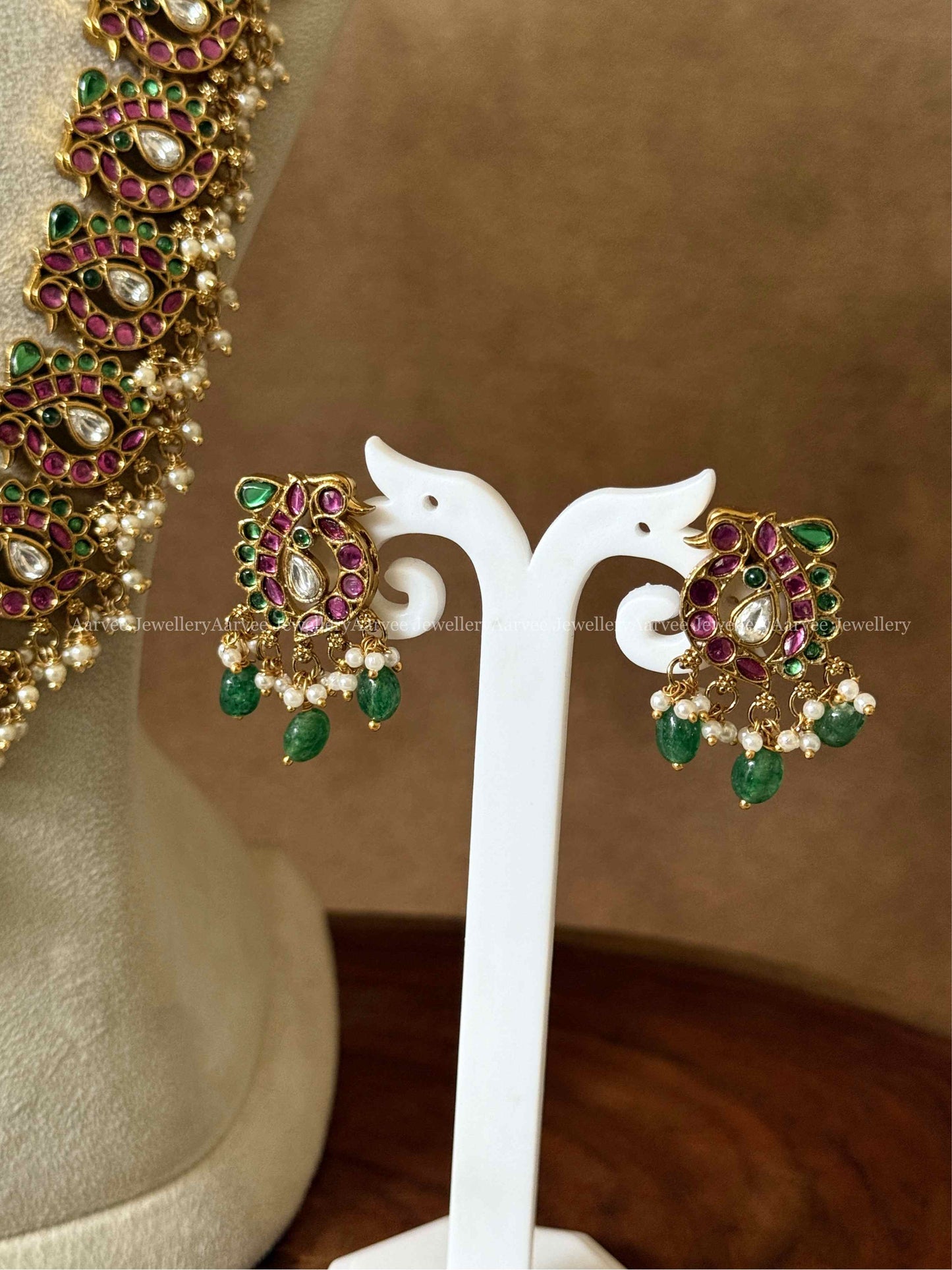 HIGH QUALITY MULTI COLOR KEMP STONE PEACOCK & FLORAL MOTIF HARAM SET WITH PASTEL BEADS