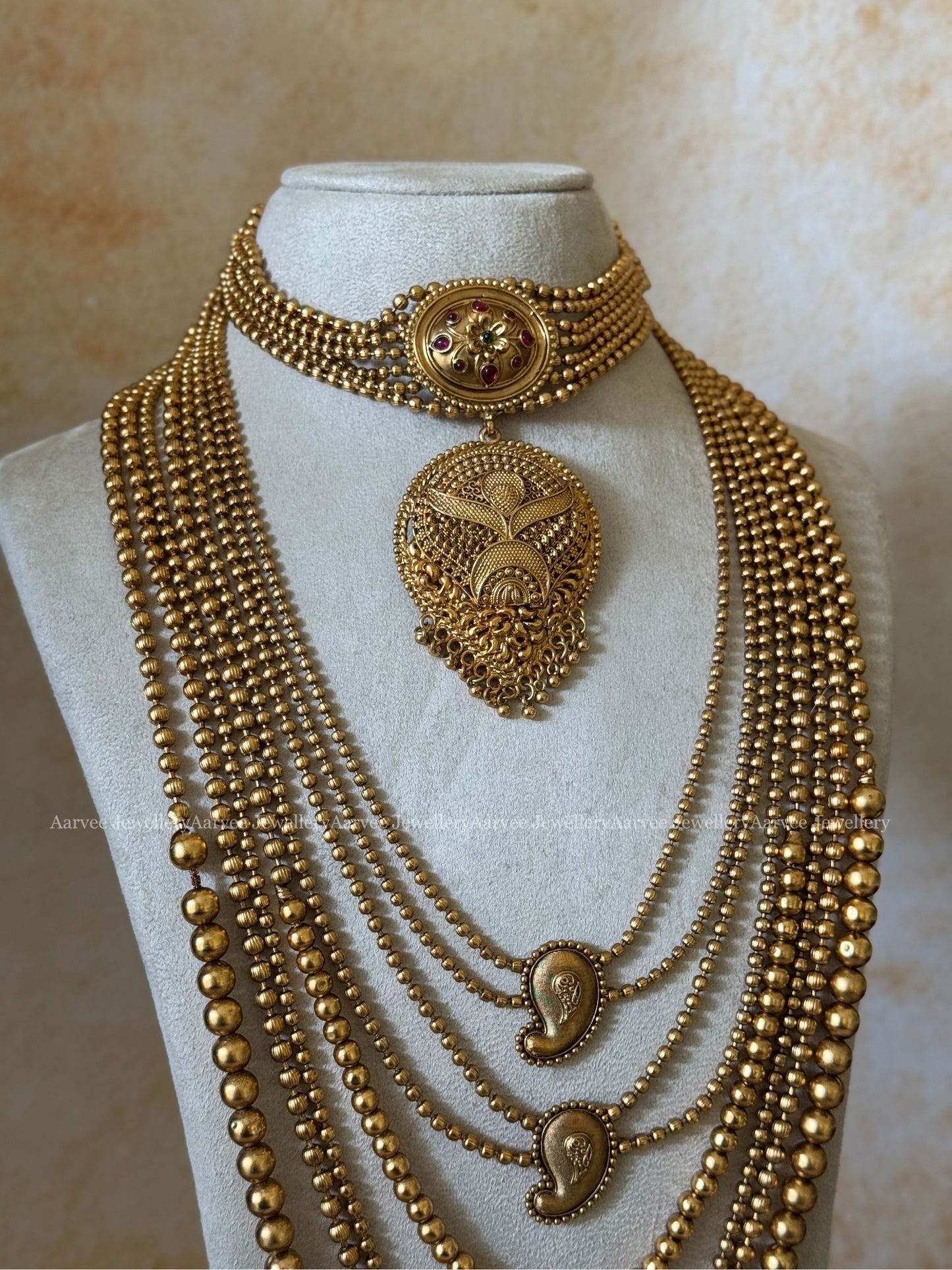 GOLD FINISH SEMI BRIDAL CHOKER AND GOLD MULTI LAYER BEADED HARAM SET | Rashmika Inspired