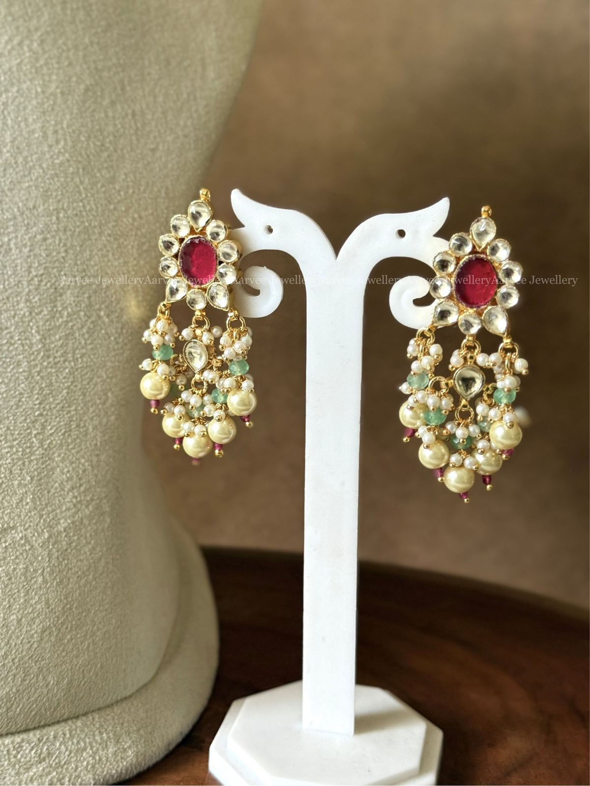 POLKI KUNDAN RUBY STONE NECKLACE SET WITH PEARL & TINY PASTEL BEADS