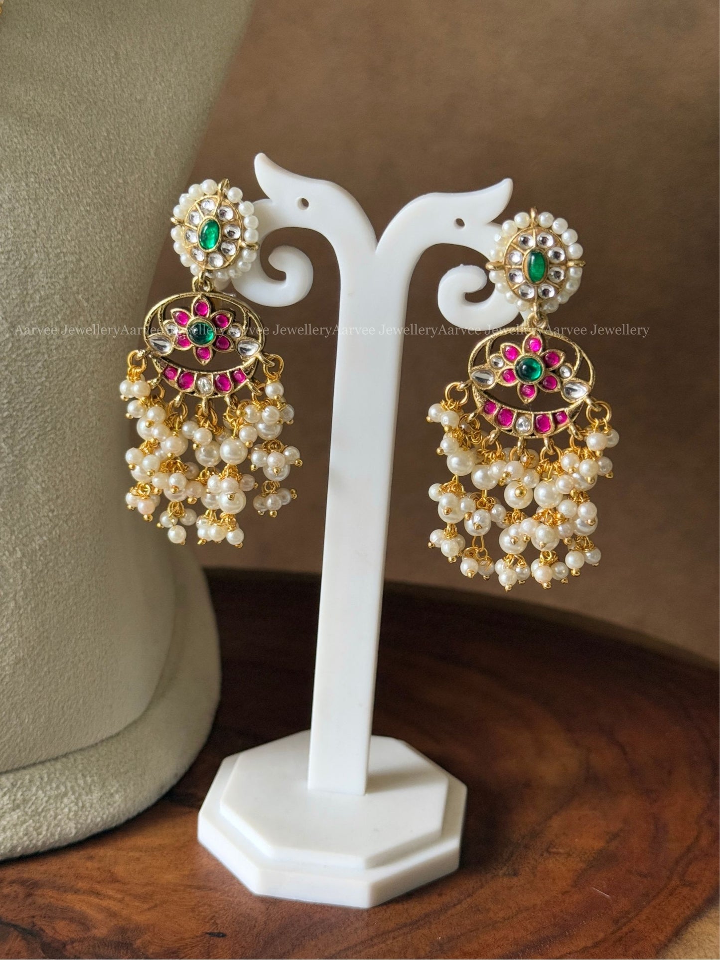JADAU KUNDAN PINK STONE FLORAL DESIGN NECKLACE SET WITH PEARLS