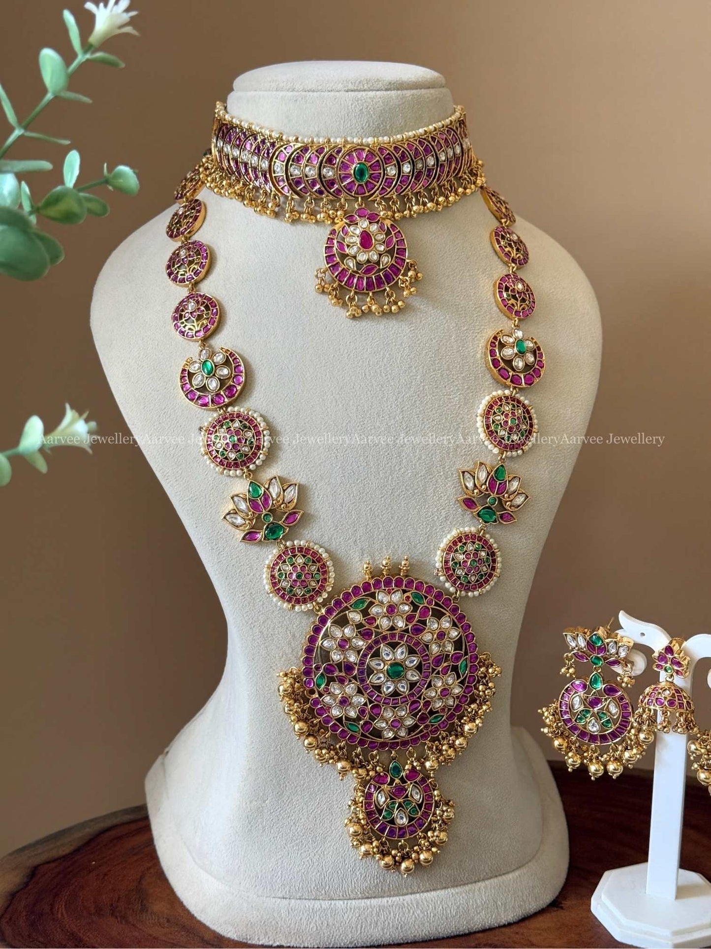 PREMIUM KEMP PINK / GREEN STONES CHOKER WITH LOTUS FLORAL HARAM SET WITH GOLD BEADS