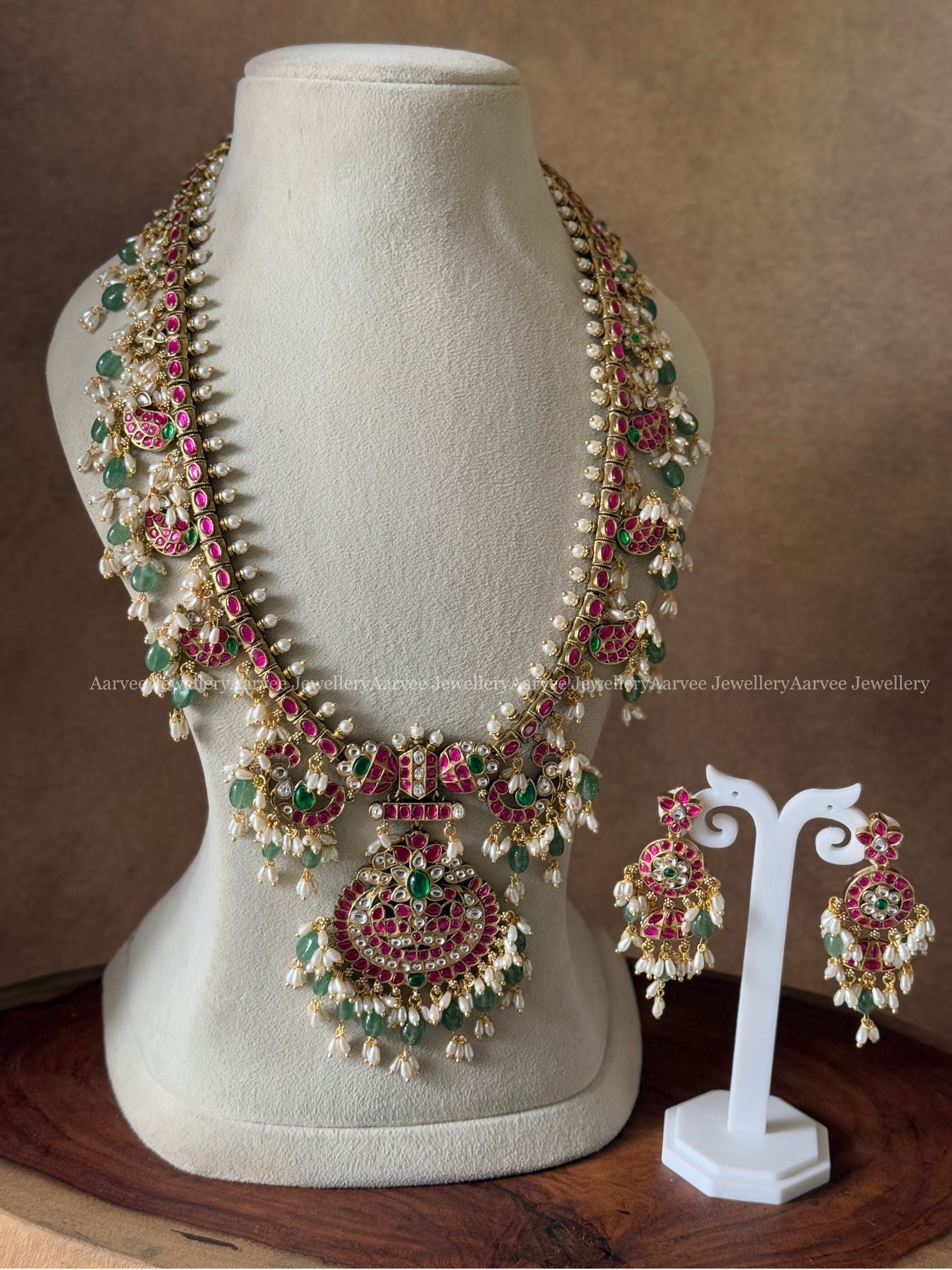 PREMIUM SEMI PRECIOUS KUNDAN STONES FLORAL GUTTA PUSALU HARAM SET WITH PASTEL BEADS