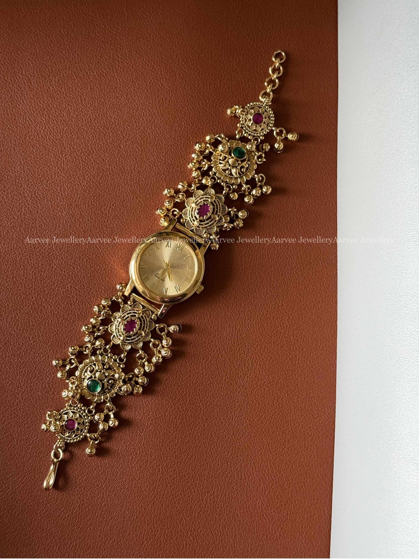GOLD TONE VINTAGE RUBY / GREEN KUNDAN STONES WATCH BRACELET