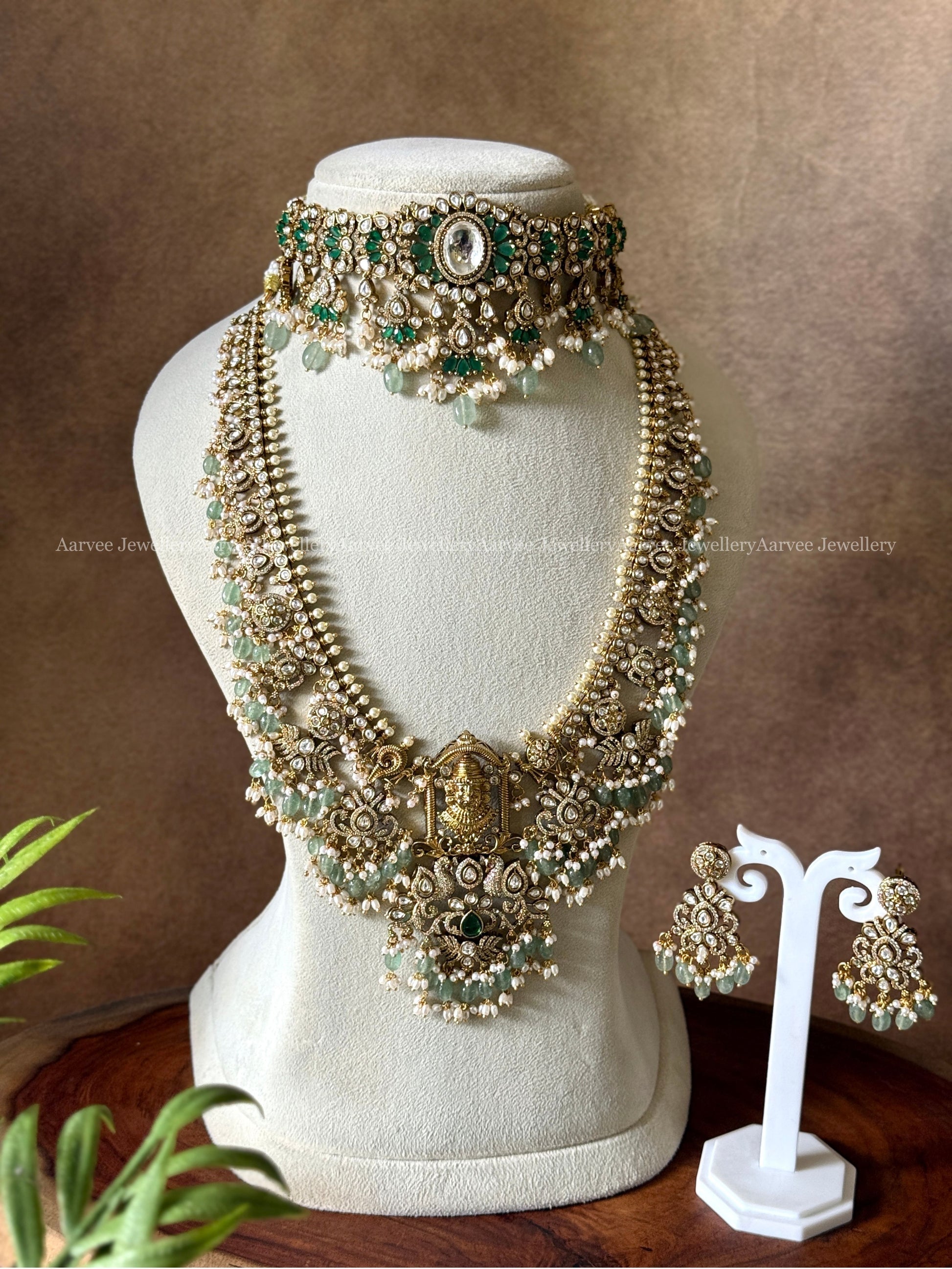 PREMIUM VICTORIAN GREEN STONE CHOKER AND GUTTA PUSALU HARAM SET WITH PASTEL BEADS