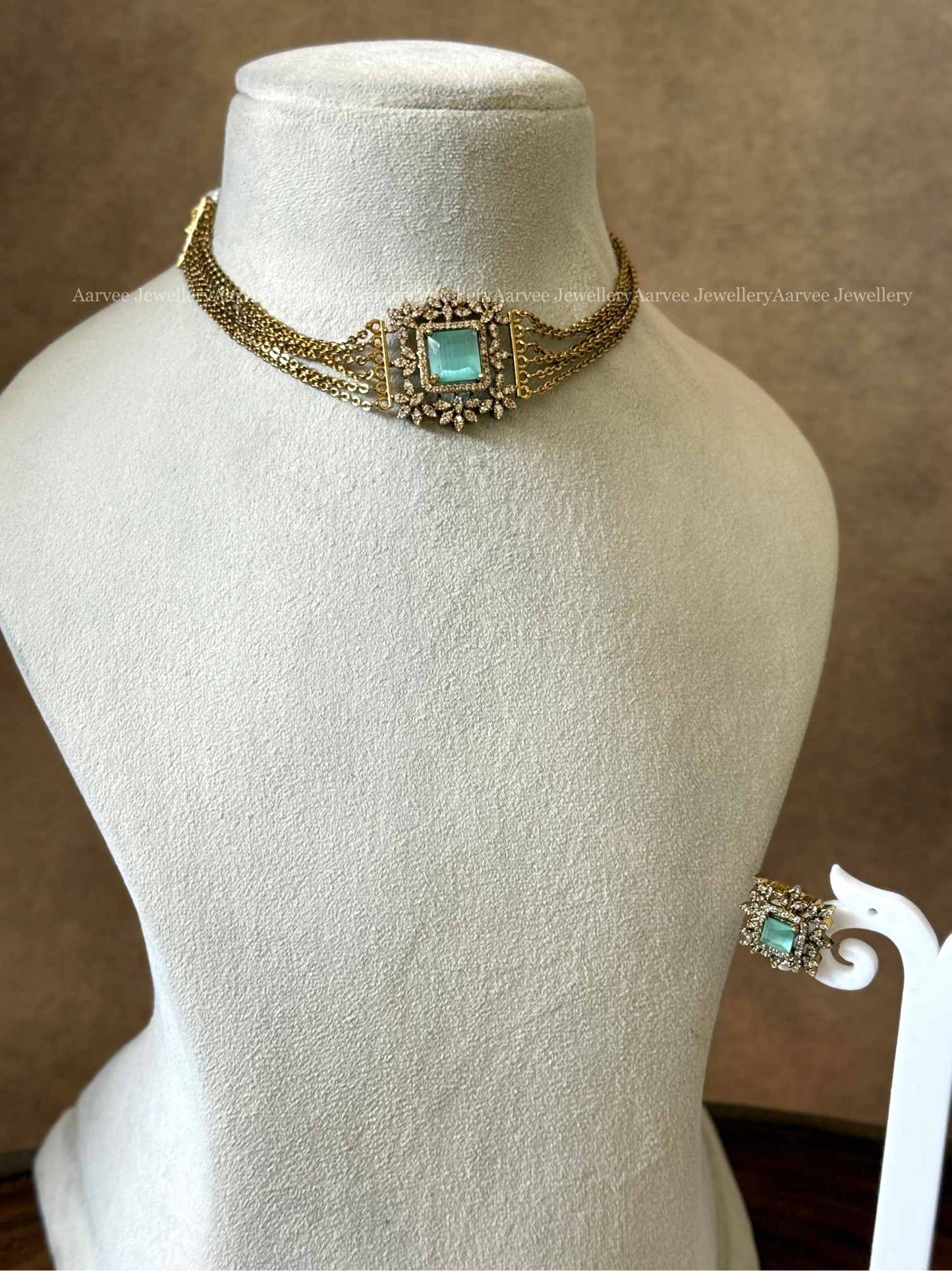 PASTEL BLUE CZ STONE GOLD CHAIN CHOKER SET