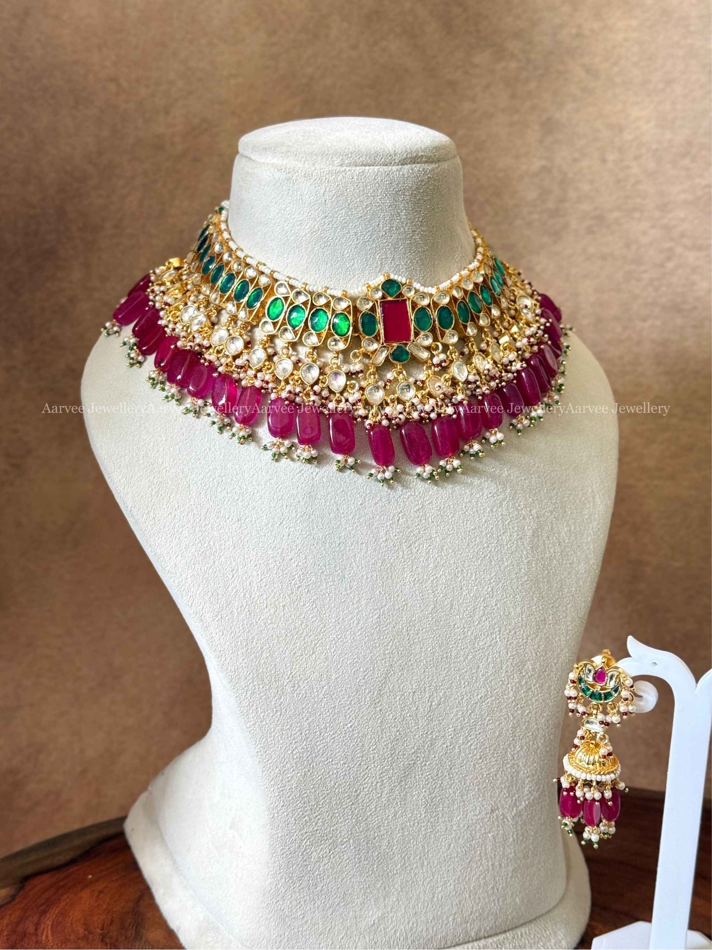 POLKI KUNDAN GREEN & WHITE STONES NECKALCE SET WITH RUBY BEADS