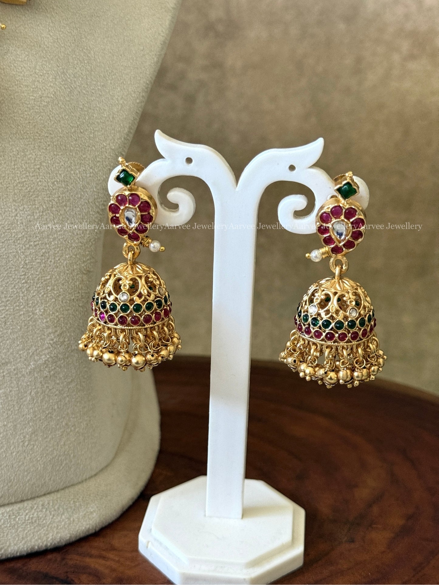 KEMP RUBY / GREEN STONES MANGO MOTIF HARAM SET WITH PEACOCK PENDANT & GOLD BEADS