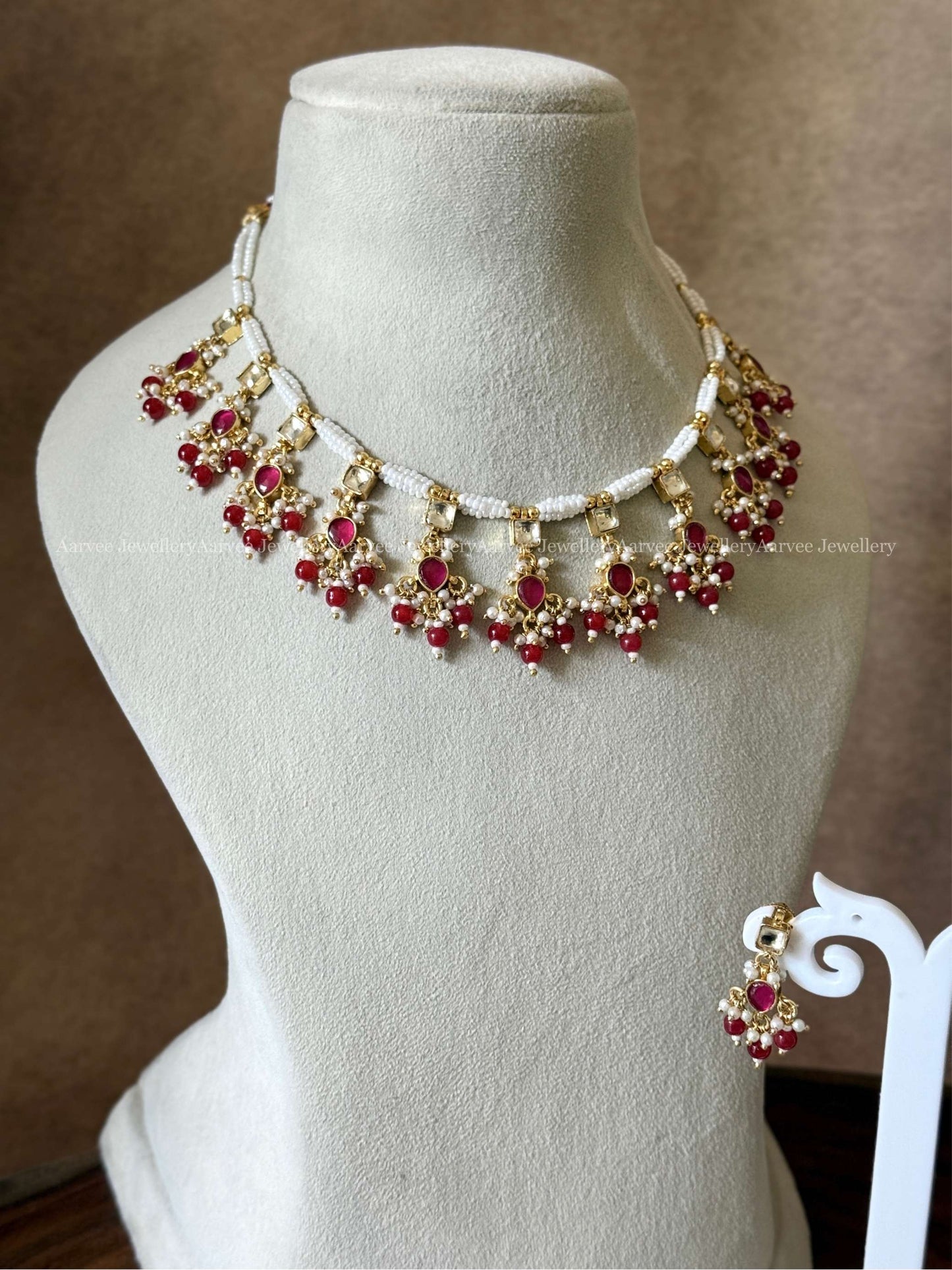 POLKI KUNDAN ELEGANT PEARL NECKLACE SET WITH RED BEADS