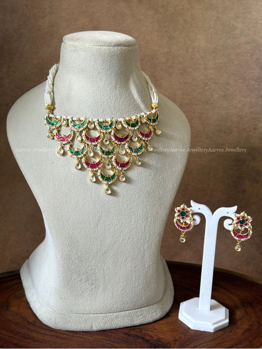 POLKI KUNDAN MULTI LAYER PEARL NECKLACE SET IN RUBY / GREEN COLOR
