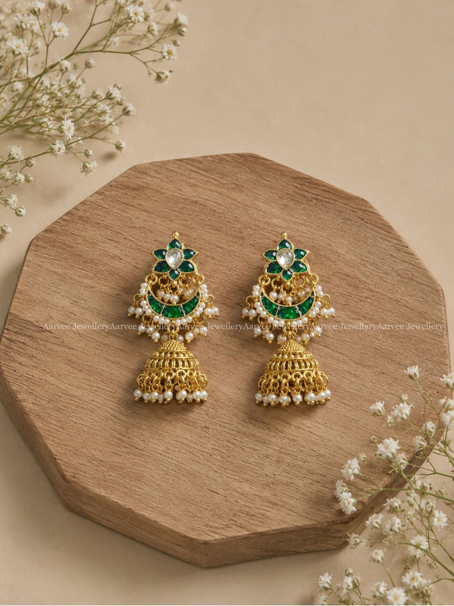 POLKI KUNDAN GREEN STONE FLORAL CHAND JHUMKI