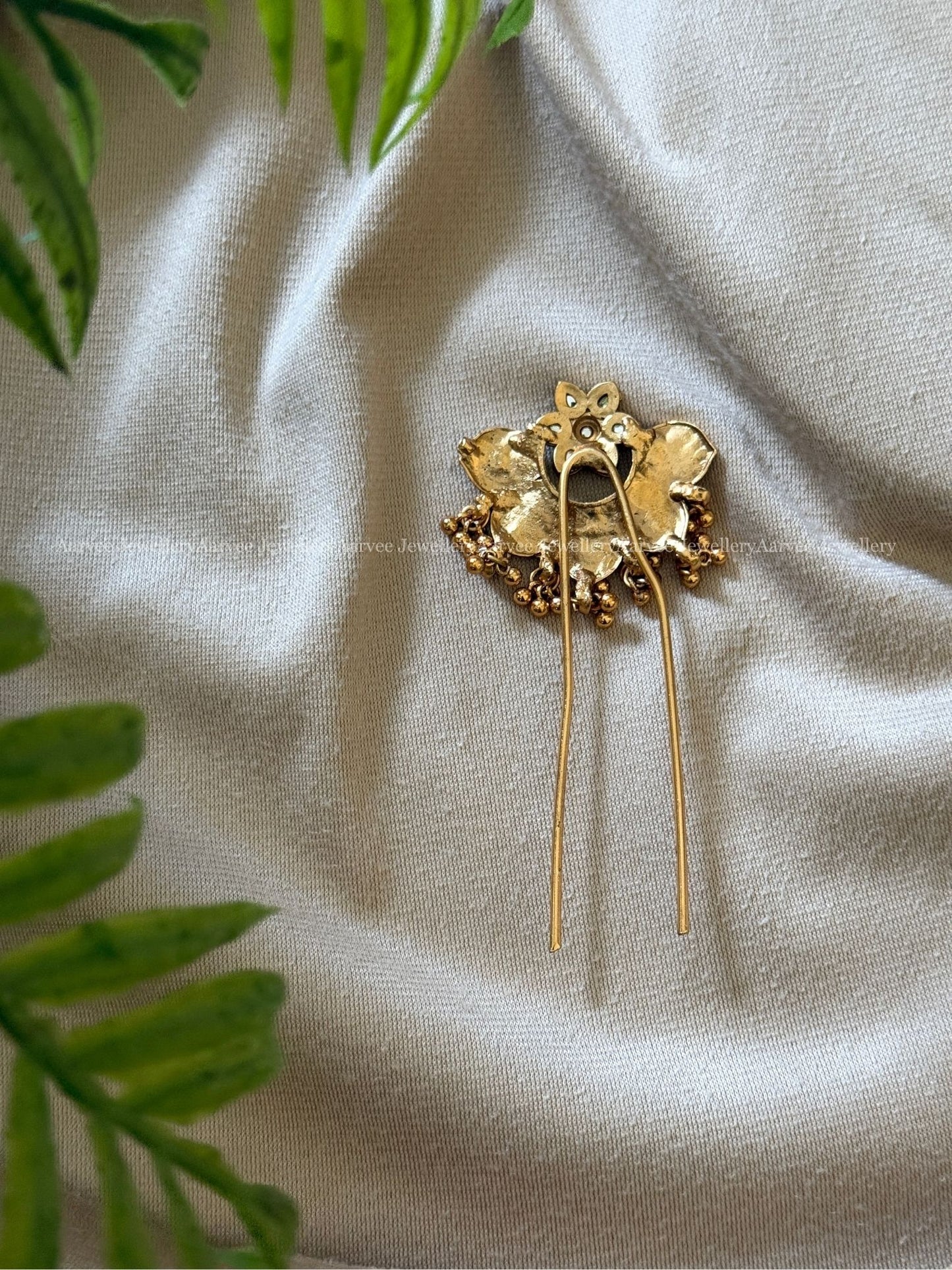FLORAL GOLDEN HAIR / BUN PIN SEA GREEN STONE 1 PIECE