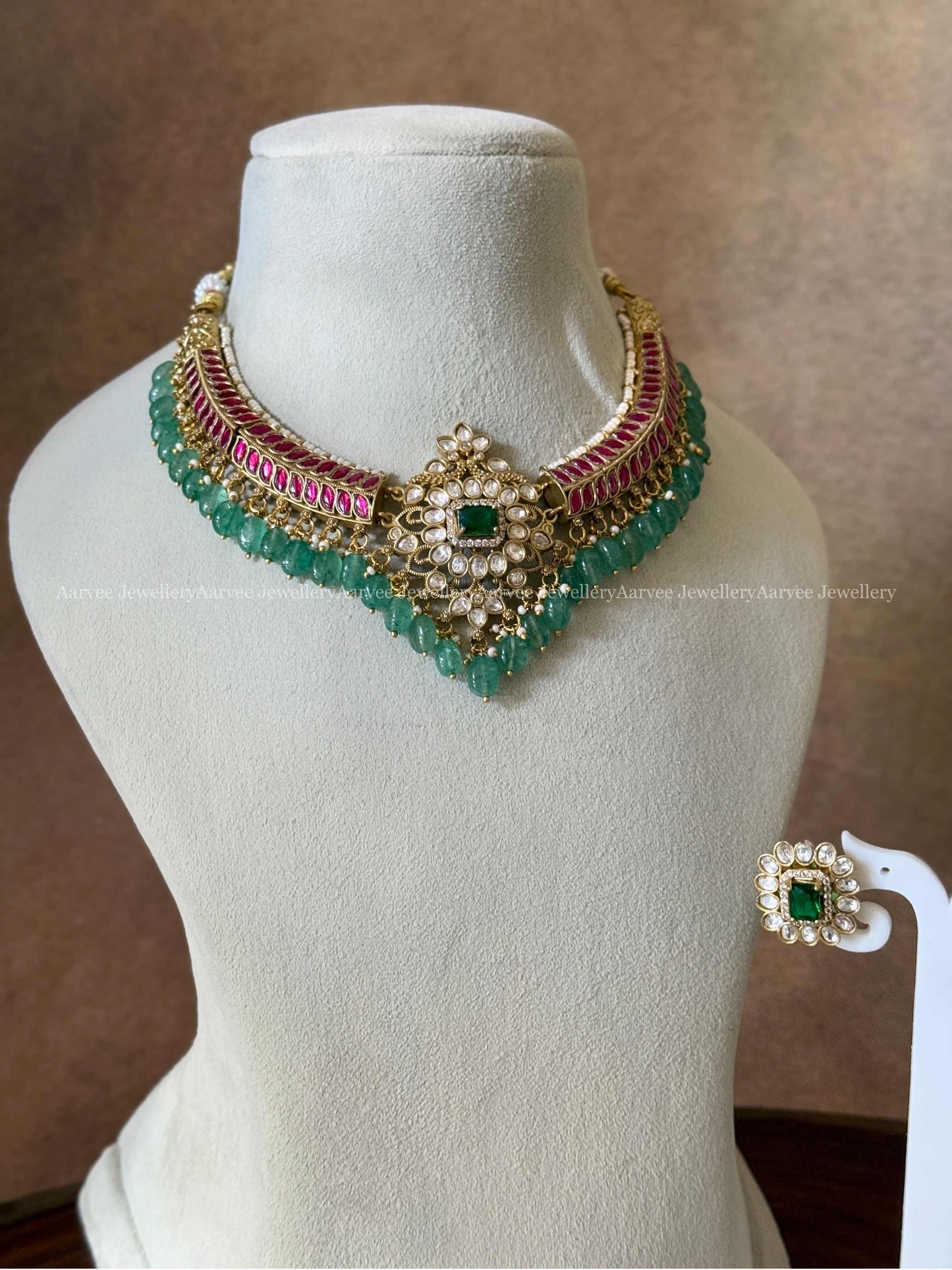 JADAU KUNDAN RUBY/WHITE STONE KANTI NECKLACE SET WITH DARK PASTEL BEADS
