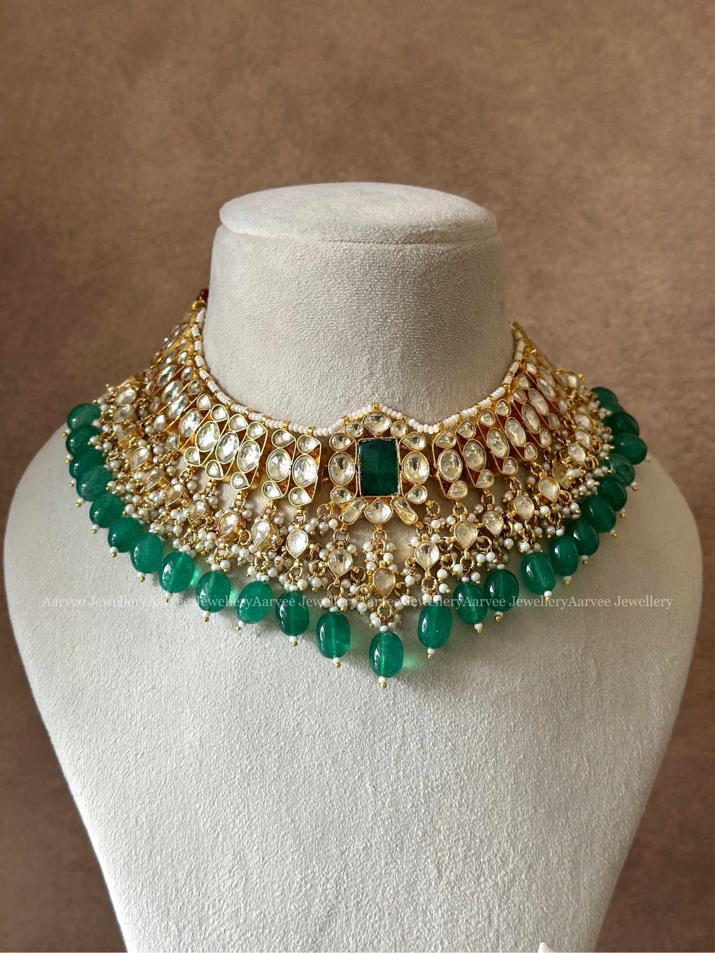 POLKI KUNDAN WHITE STONE BRIDAL CHOKER SET WITH GREEN BEADS