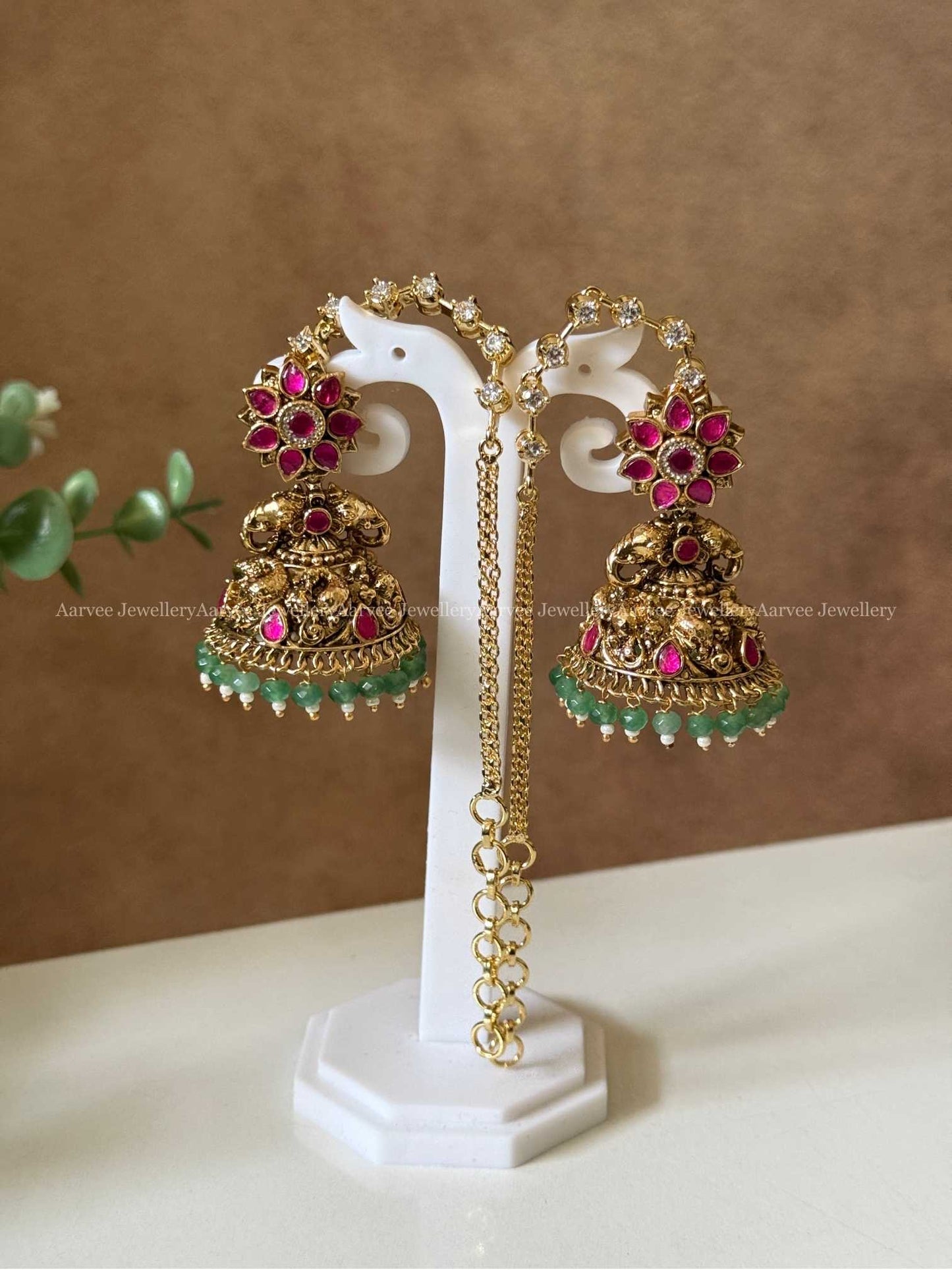 PREMIUM KUNDAN STONES JHUMKI WITH EAR CHAIN IN PASTEL BEADS
