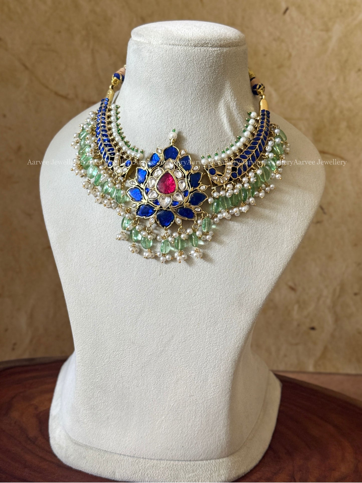 JADAU KUNDAN LOTUS KANTI NECKLACE WITH BLUE STONES & TINY GREEN BEADS
