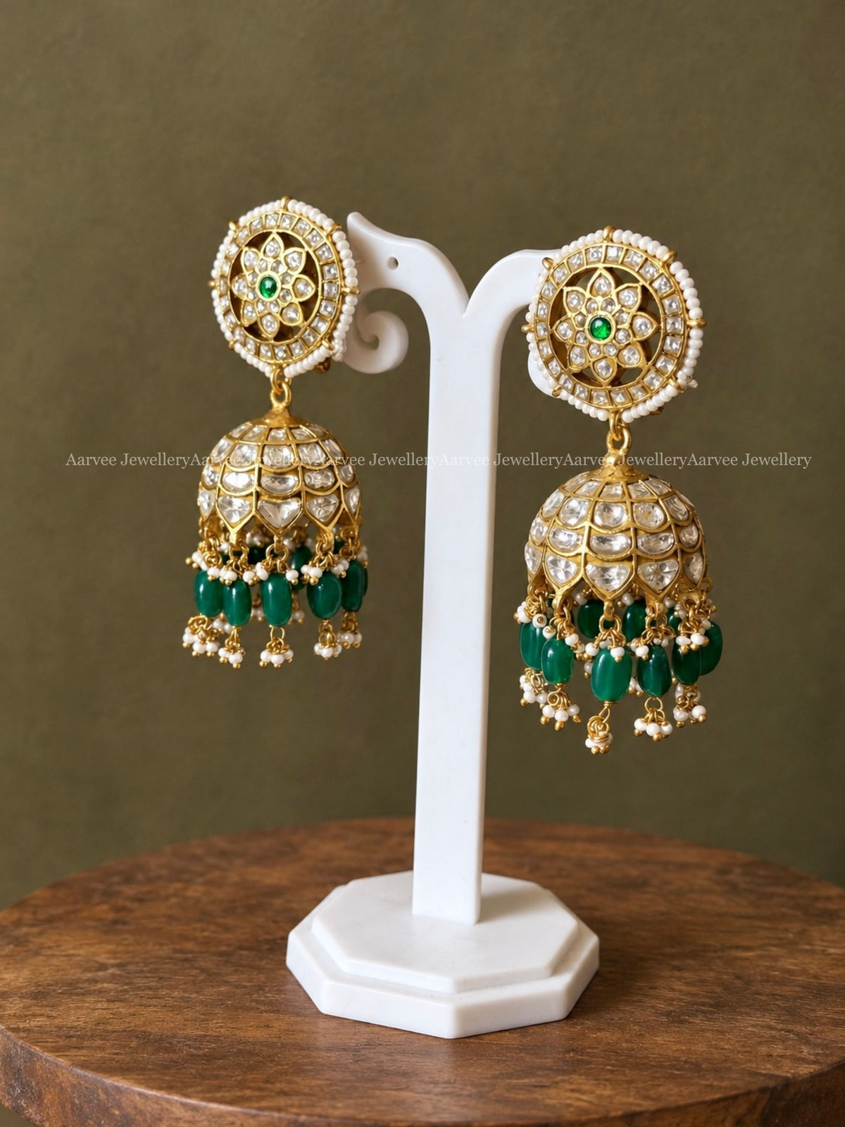 JADAU KUNDAN WHITE STONE STATEMENT NECKLACE AND BUTTA JHUMKI WITH GREEN BEADS