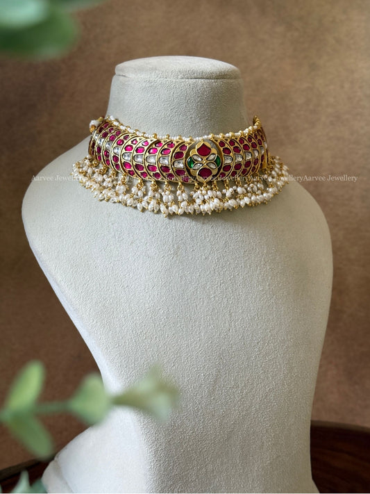 JADAU KUNDAN CHOKER WITH RUBY & WHITE STONES AND WITH RICE PEARLS