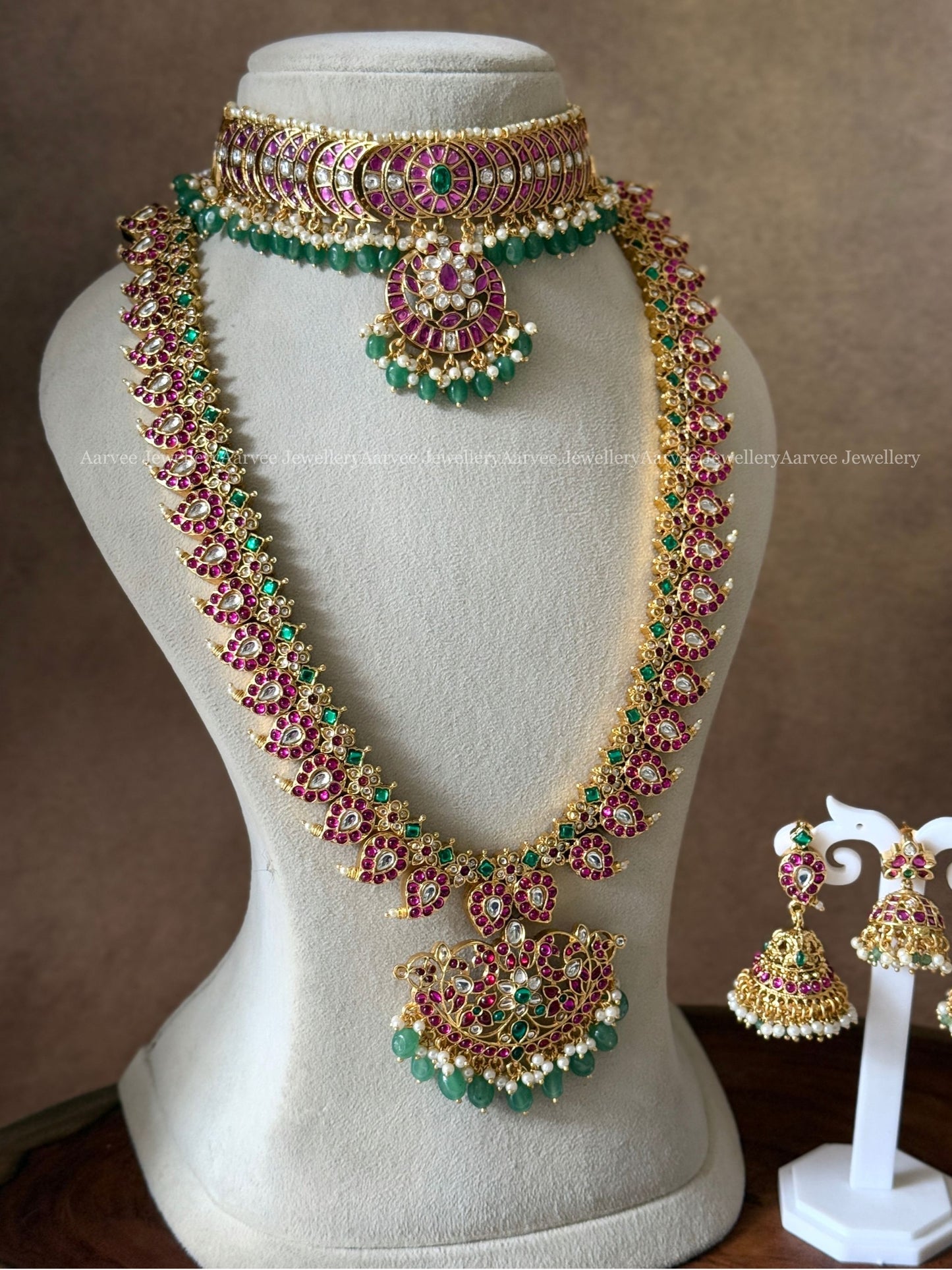 PREMIUM PINK KUNDAN CHOKER WITH MANGO HARAM SET WITH PASTEL BEADS