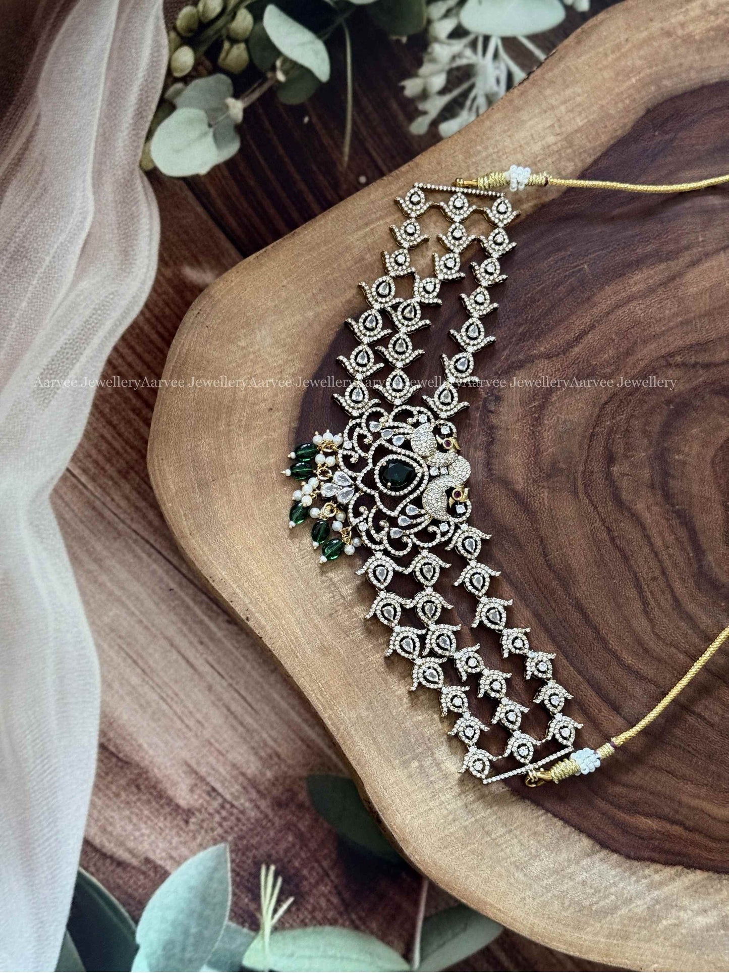 VICTORIAN BRIDAL JEWELLERY SET PEACOCK DESIGN WITH GREEN BEADS