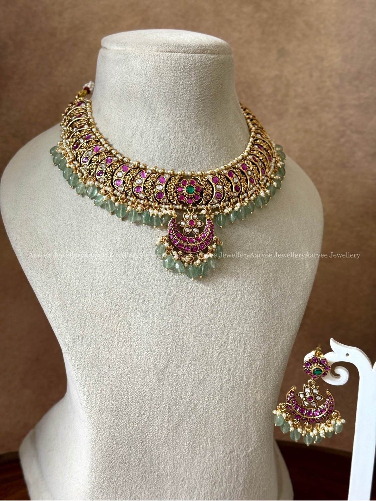 KUNDAN HALF MOON & FLORAL MOTIF NECKLACE SET WITH RUBY/WHITE STONE AND PASTEL BEADS