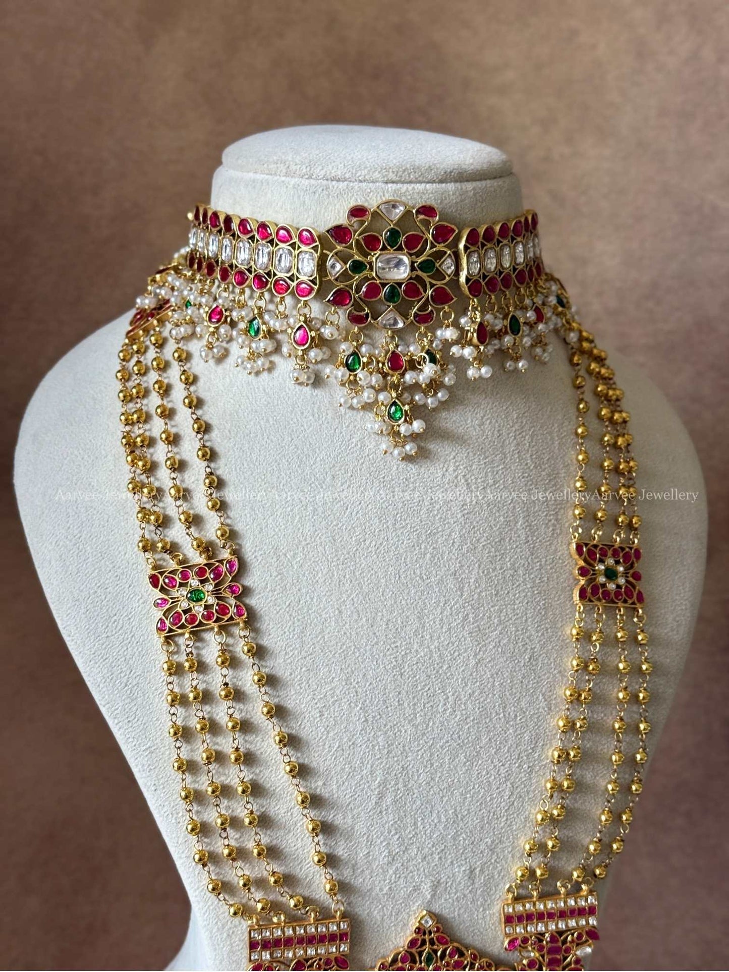 JADAU KUNDAN SEMI BRIDAL - RUBY STONE FLORAL HIGH NECK CHOKER WITH LAYERED HARAM
